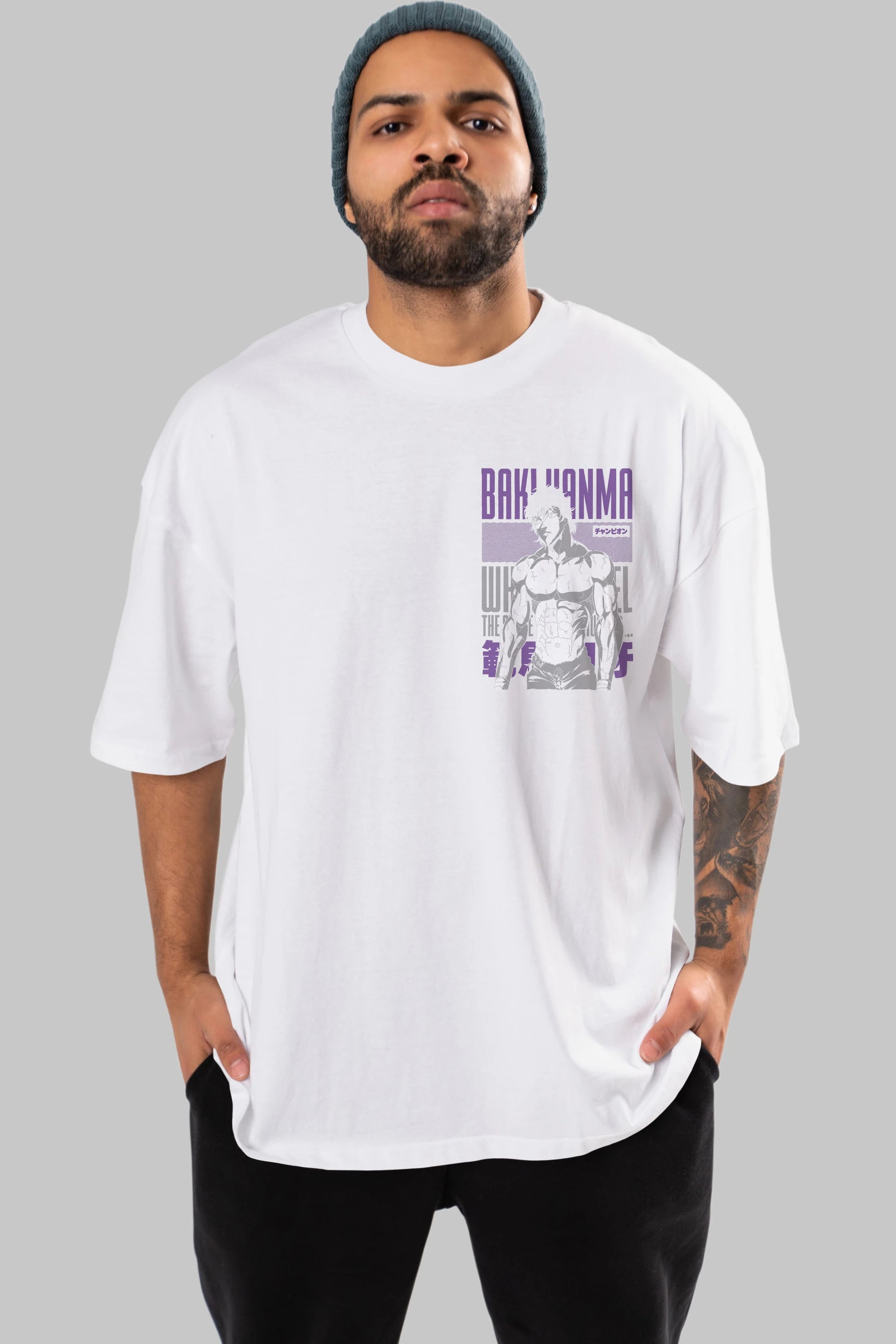 BAKI HANMA (2) Ön Sol Baskılı Oversize t-shirt Erkek Kadın Unisex %100 Pamuk Bisiklet Yaka tişort
