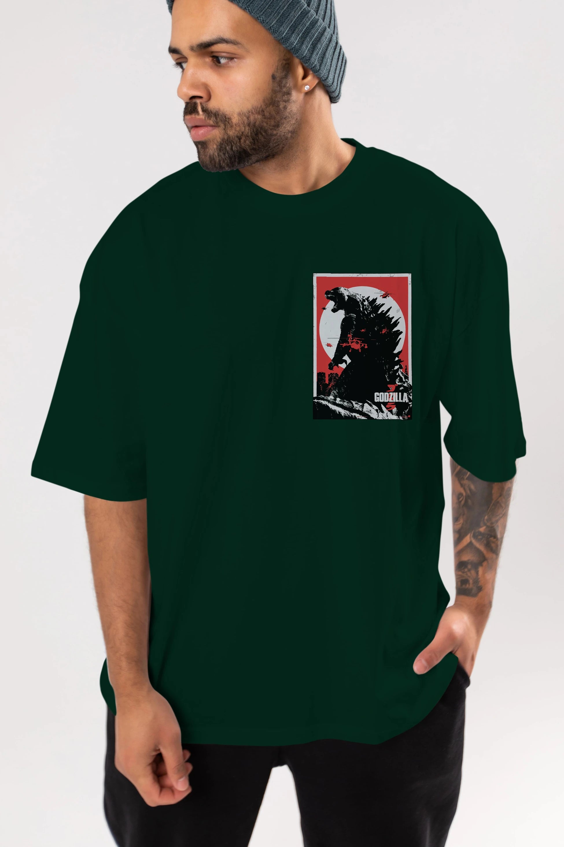 Godzilla (2) Ön Sol Baskılı Oversize t-shirt Erkek Kadın Unisex %100 Pamuk Bisiklet Yaka tişort