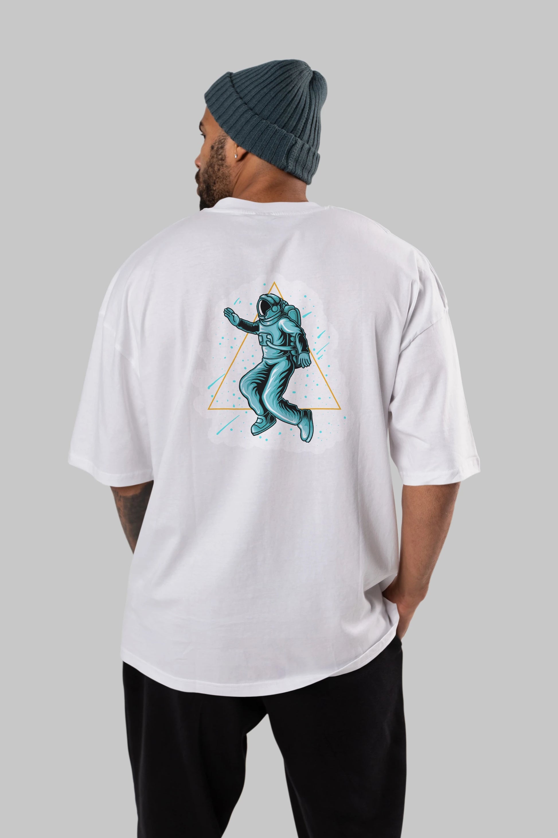 Astronaut Starry Triangle Sticker Arka Baskılı Oversize t-shirt Erkek Kadın Unisex