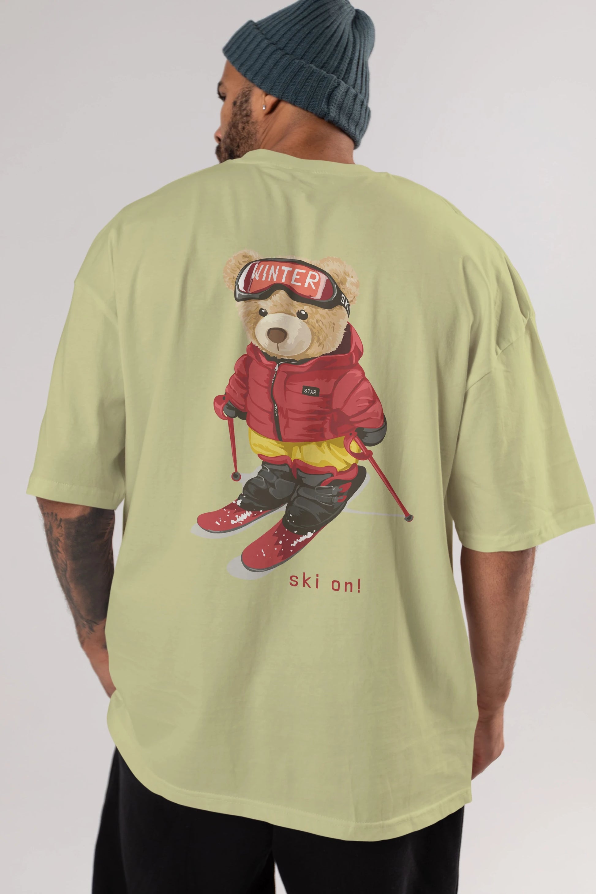 Teddy Bear Ski On Arka Baskılı Oversize t-shirt Erkek Kadın Unisex %100 Pamuk
