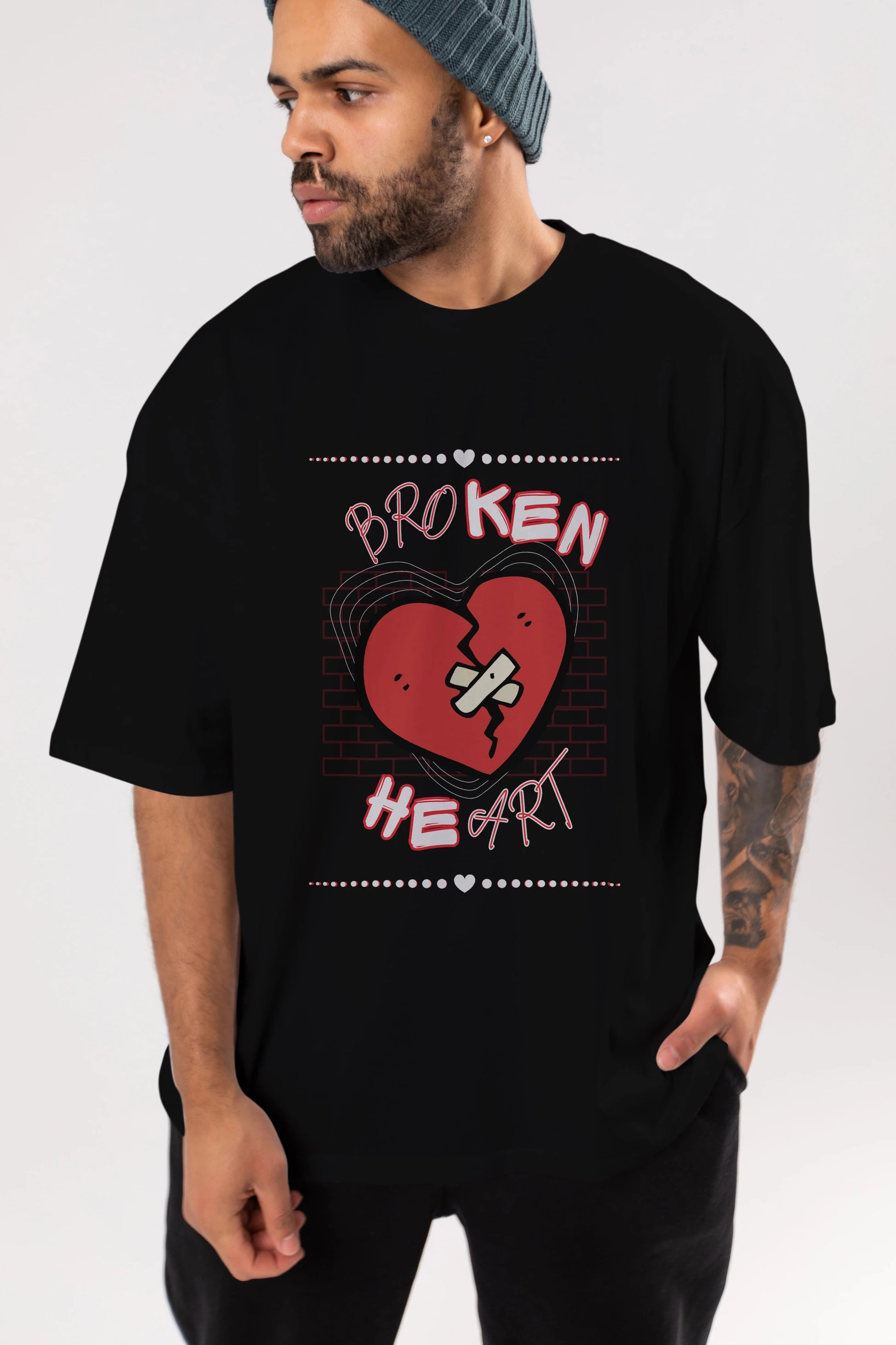 Broken Heart Yazılı Ön Baskılı Oversize t-shirt Erkek Kadın Unisex