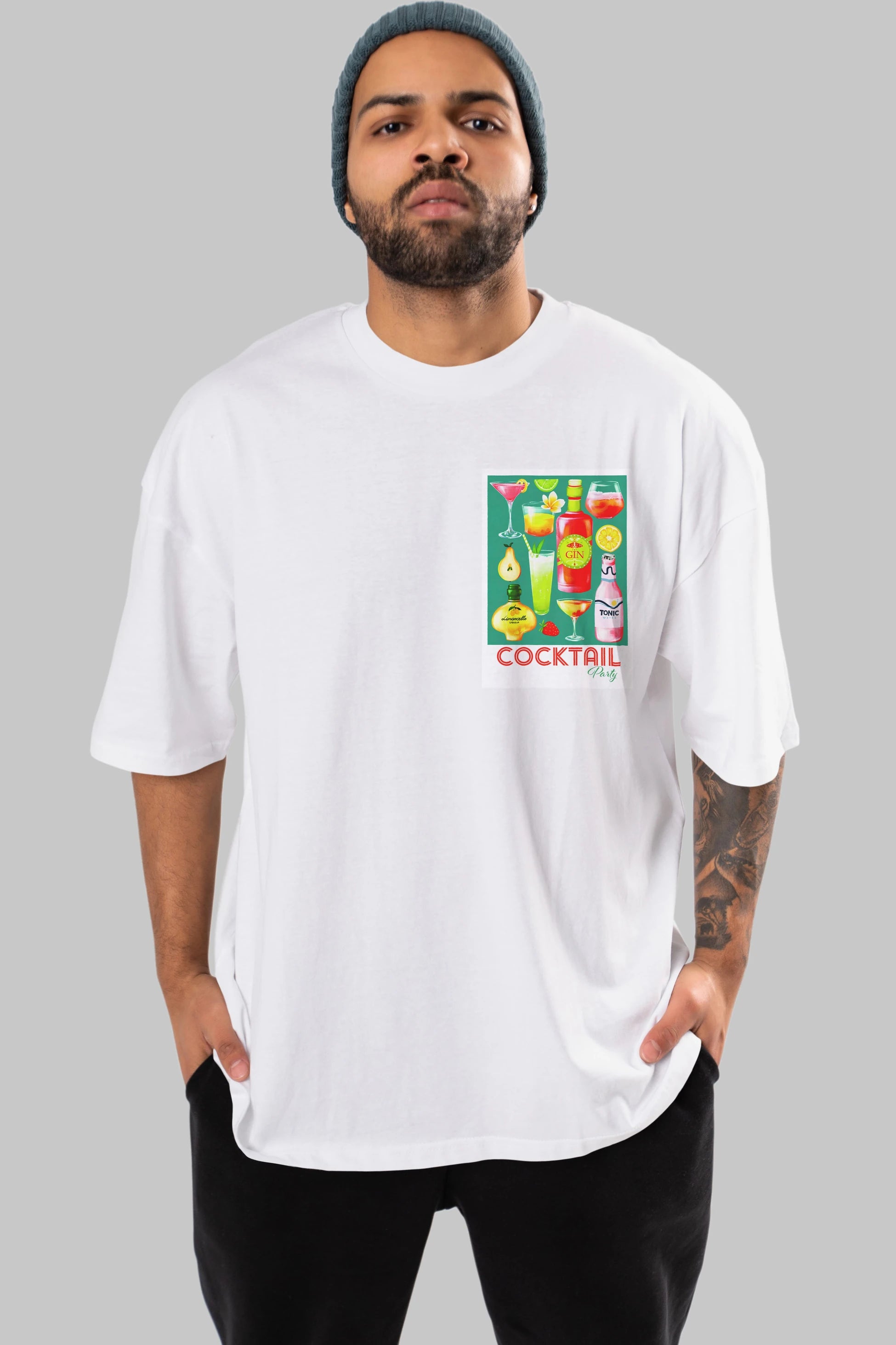 Cocktail Party 2 Ön Sol Baskılı Oversize t-shirt Erkek Kadın Unisex %100 Pamuk Bisiklet Yaka tişort