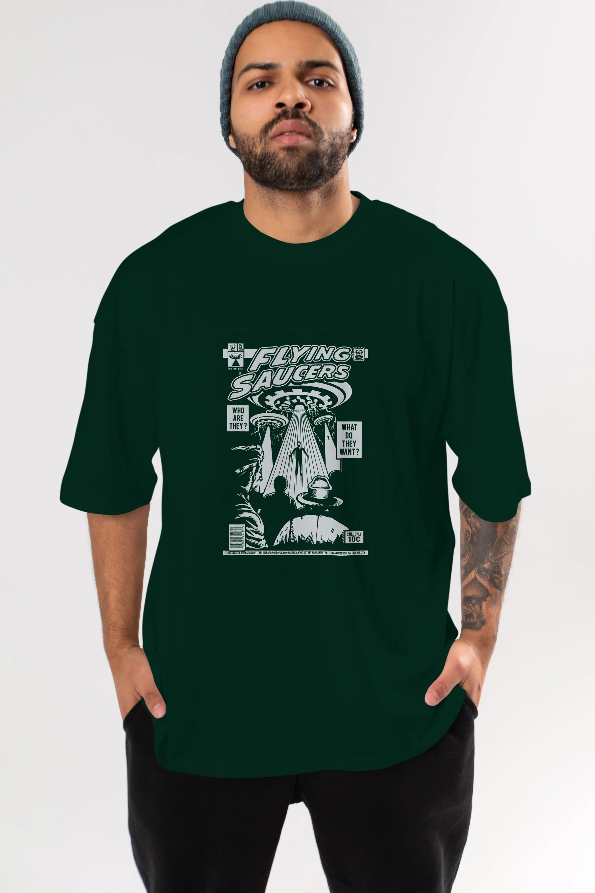 UFO Ön Baskılı Oversize t-shirt Erkek Kadın Unisex %100 Pamuk tişort