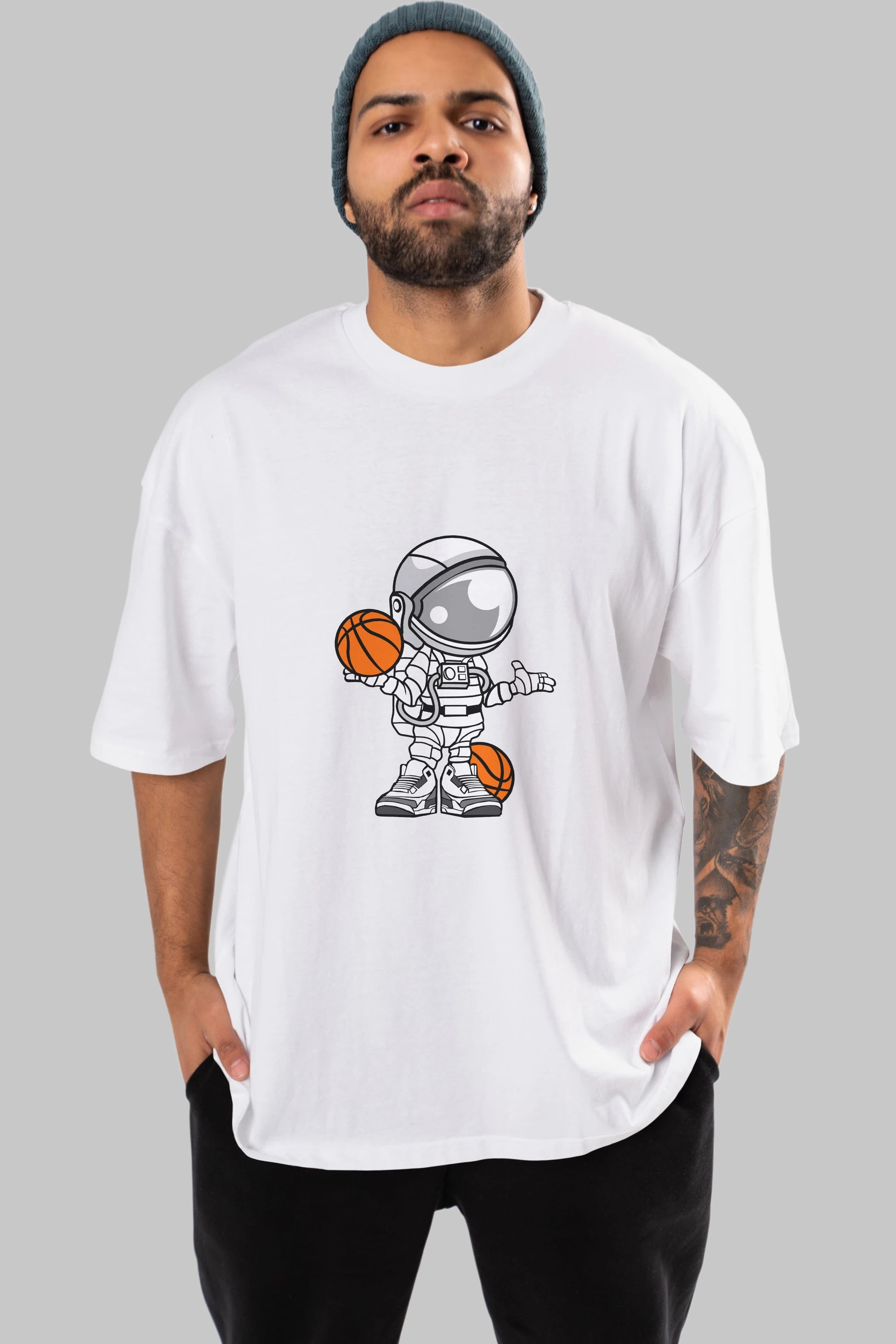 Astronaut Basketball Player Ön Baskılı Oversize t-shirt Erkek Kadın Unisex %100 Pamuk tişort