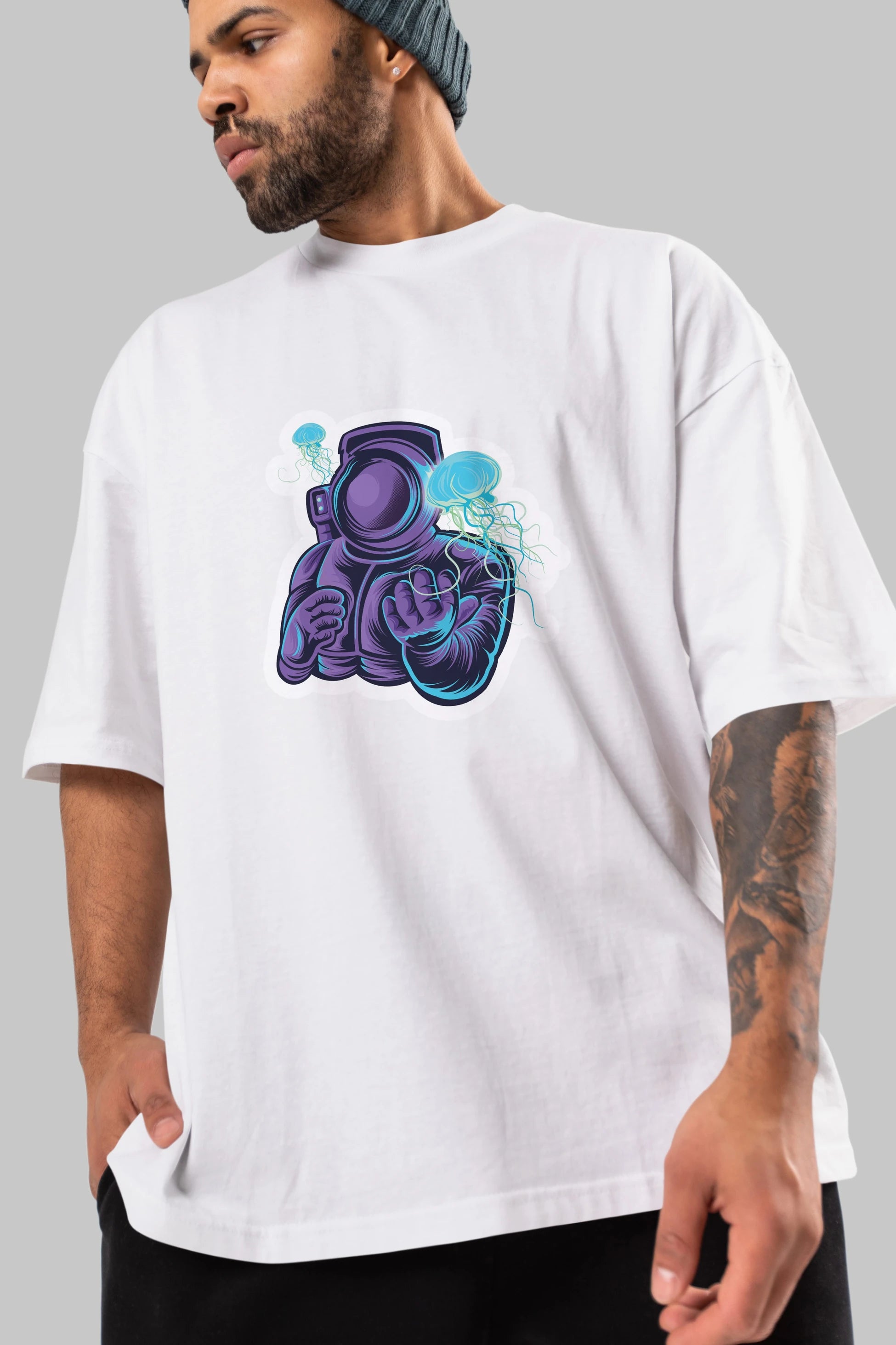 Astronaut and Jellyfish Sticker Ön Baskılı Oversize t-shirt Erkek Kadın Unisex