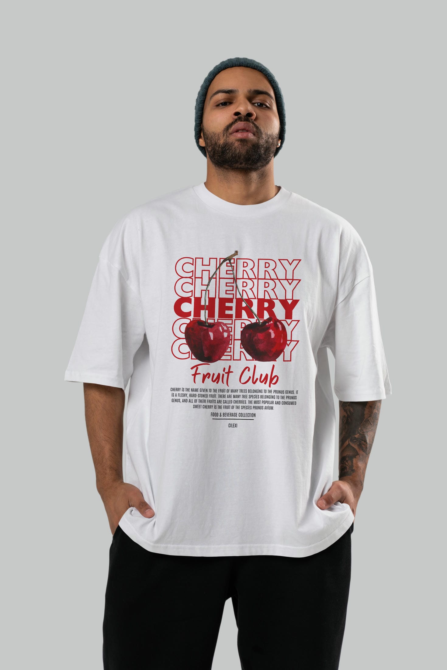 Cherry Ön Baskılı Oversize t-shirt Erkek Kadın Pamuk Bisiklet Yaka tişort