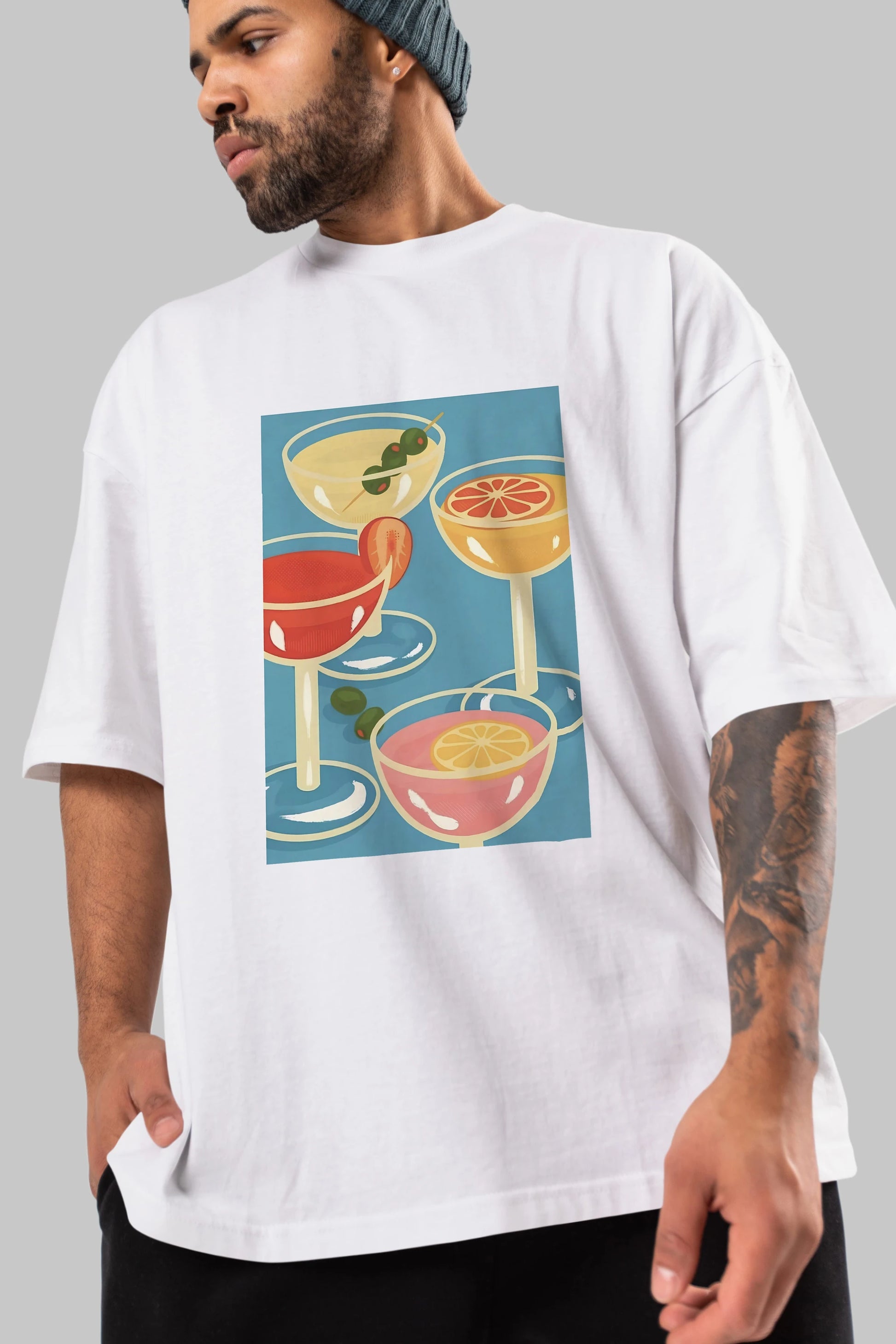 Cocktails Ön Baskılı Oversize t-shirt Erkek Kadın Unisex %100 Pamuk Bisiklet Yaka tişort