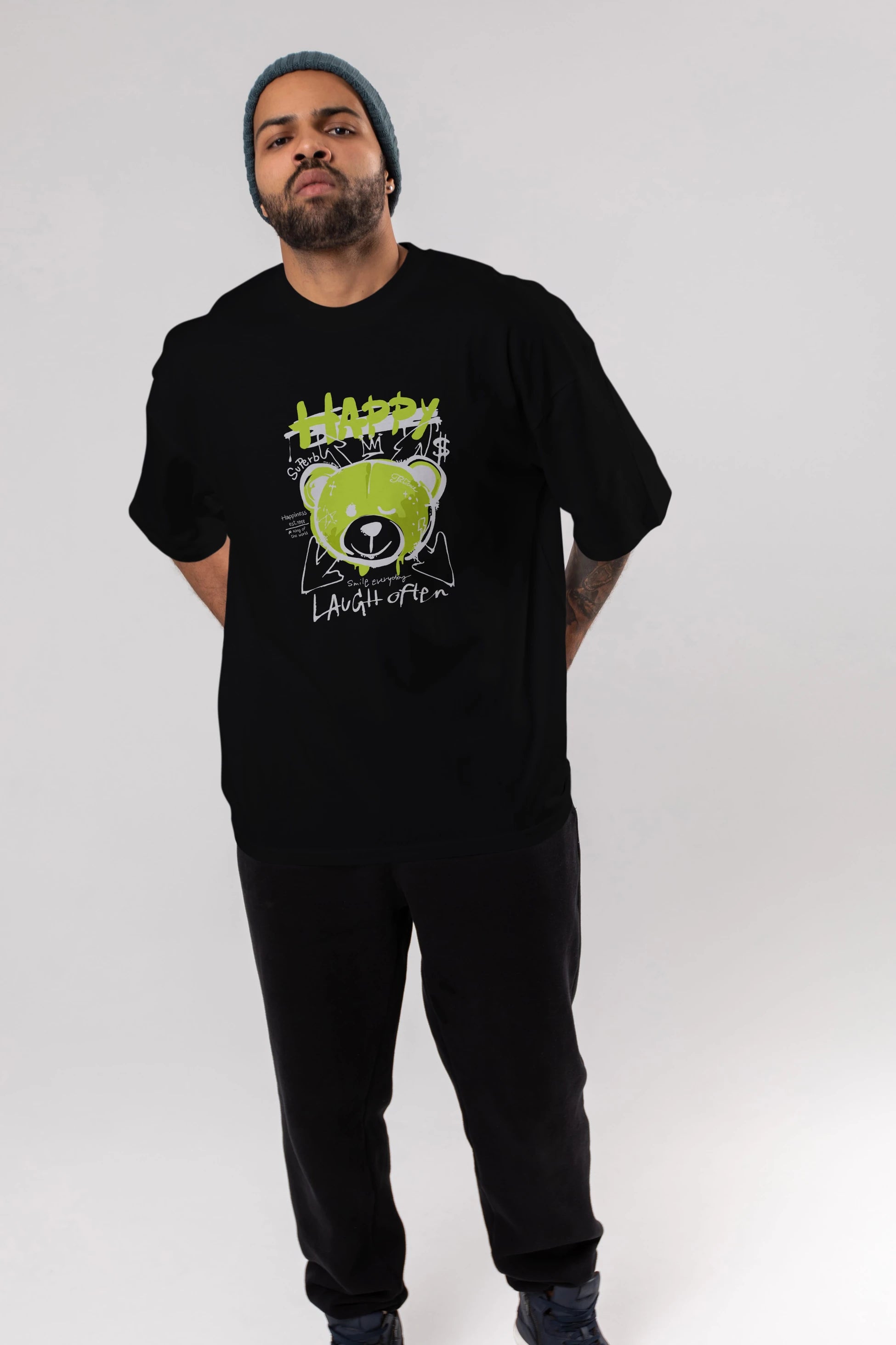 Happy Bear Ön Baskılı Oversize t-shirt Erkek Kadın Unisex