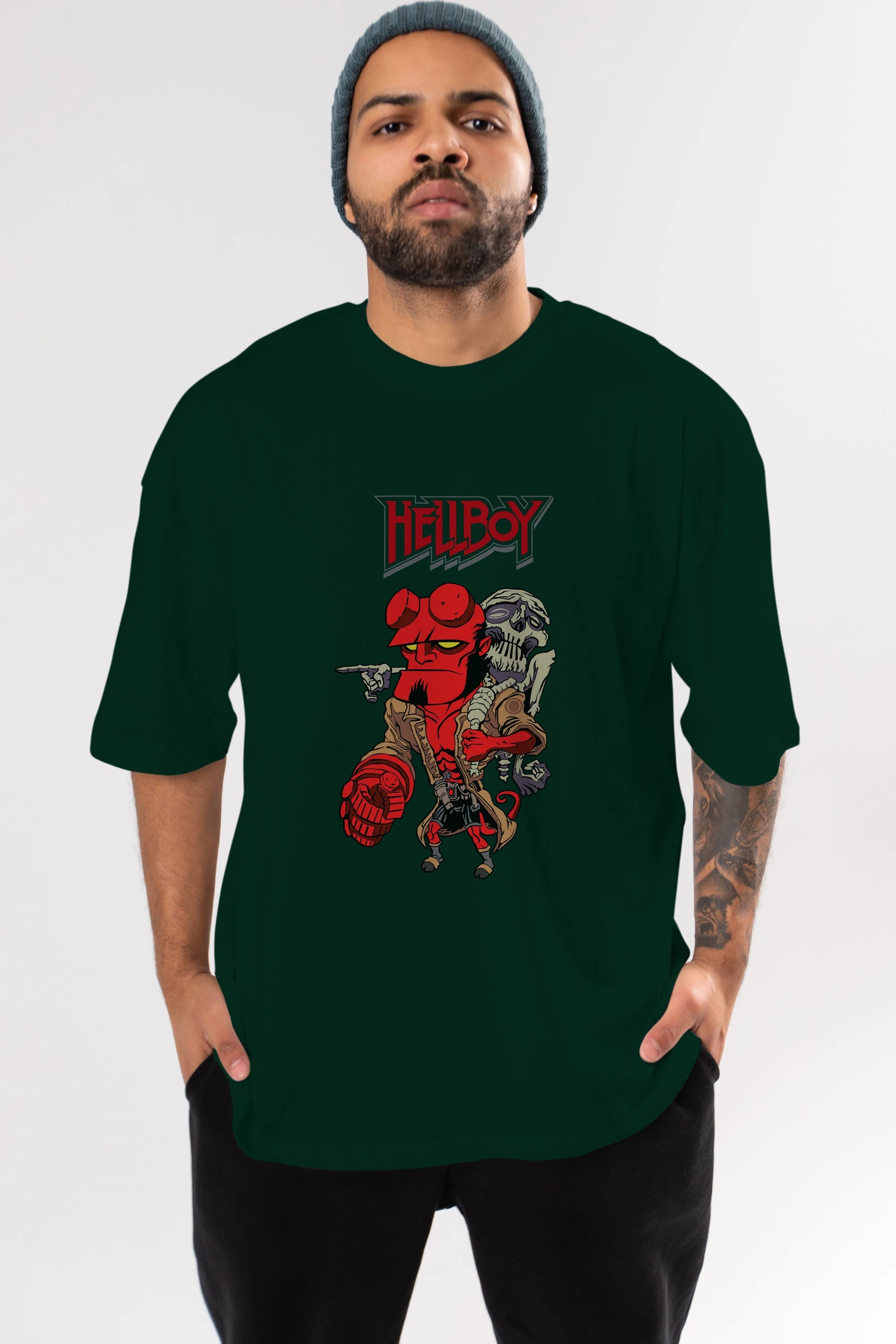 Hellboy (2) Ön Baskılı Oversize t-shirt Erkek Kadın Unisex %100 Pamuk Bisiklet Yaka tişort