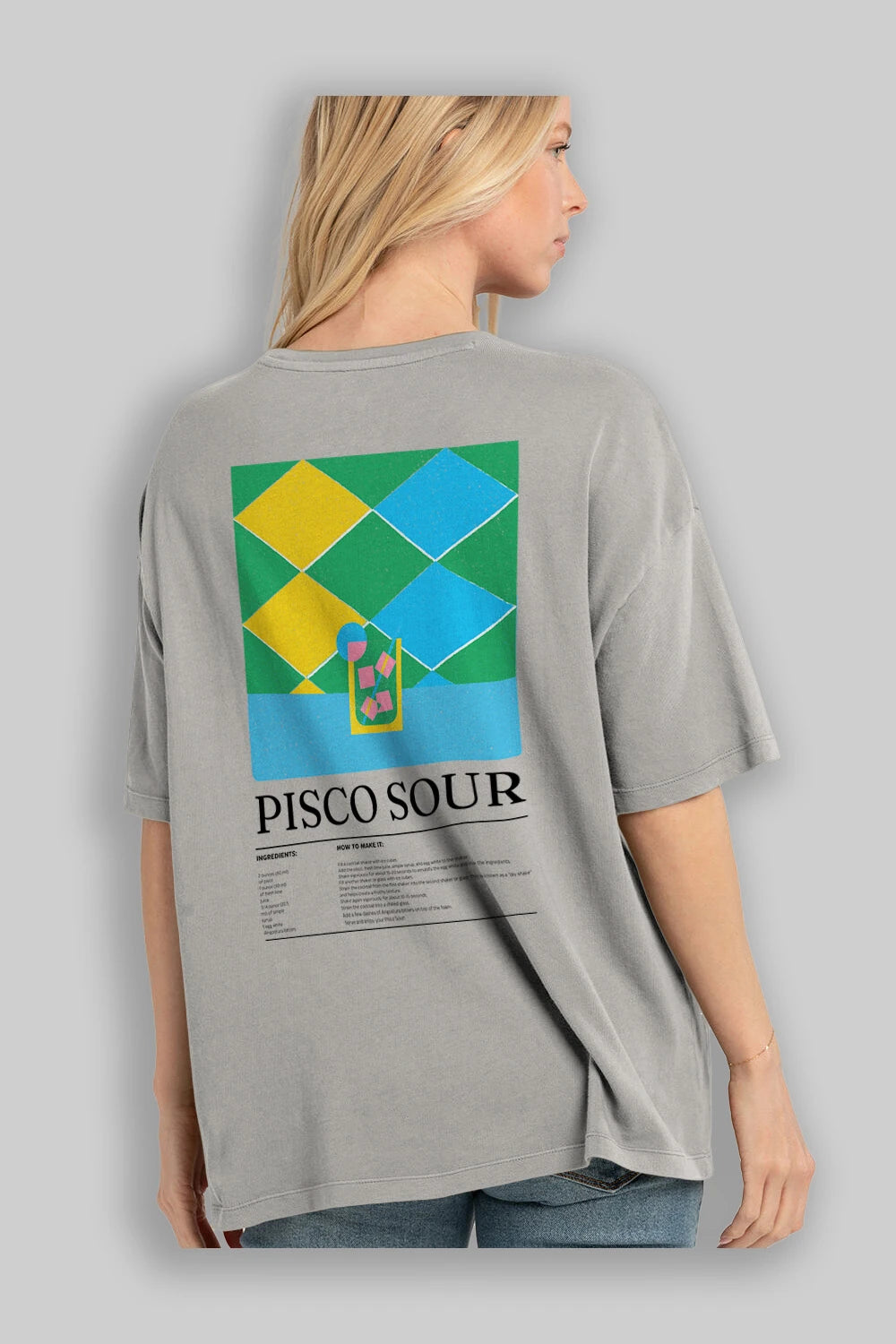 Pisco Sour Kokteyl Serisi Arka Baskılı Oversize t-shirt Erkek Kadın %100 Pamuk Bisiklet Yaka tişort