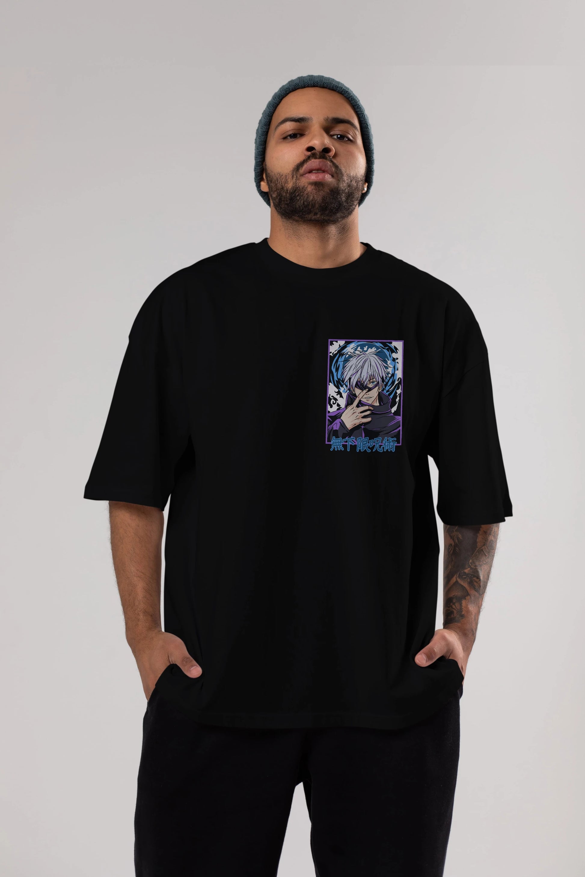 SATORU GOJO 3 Ön Sol Baskılı Oversize t-shirt Erkek Kadın Unisex %100 Pamuk Bisiklet Yaka tişort