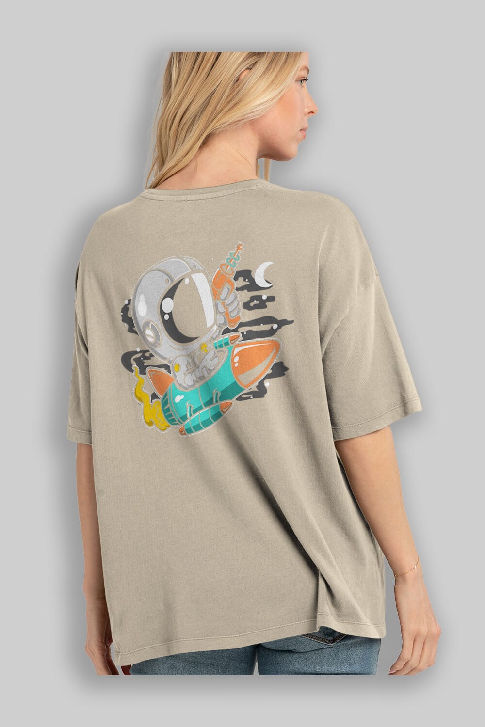 Astronaut Riding Rocket Arka Baskılı Oversize t-shirt Erkek Kadın Unisex