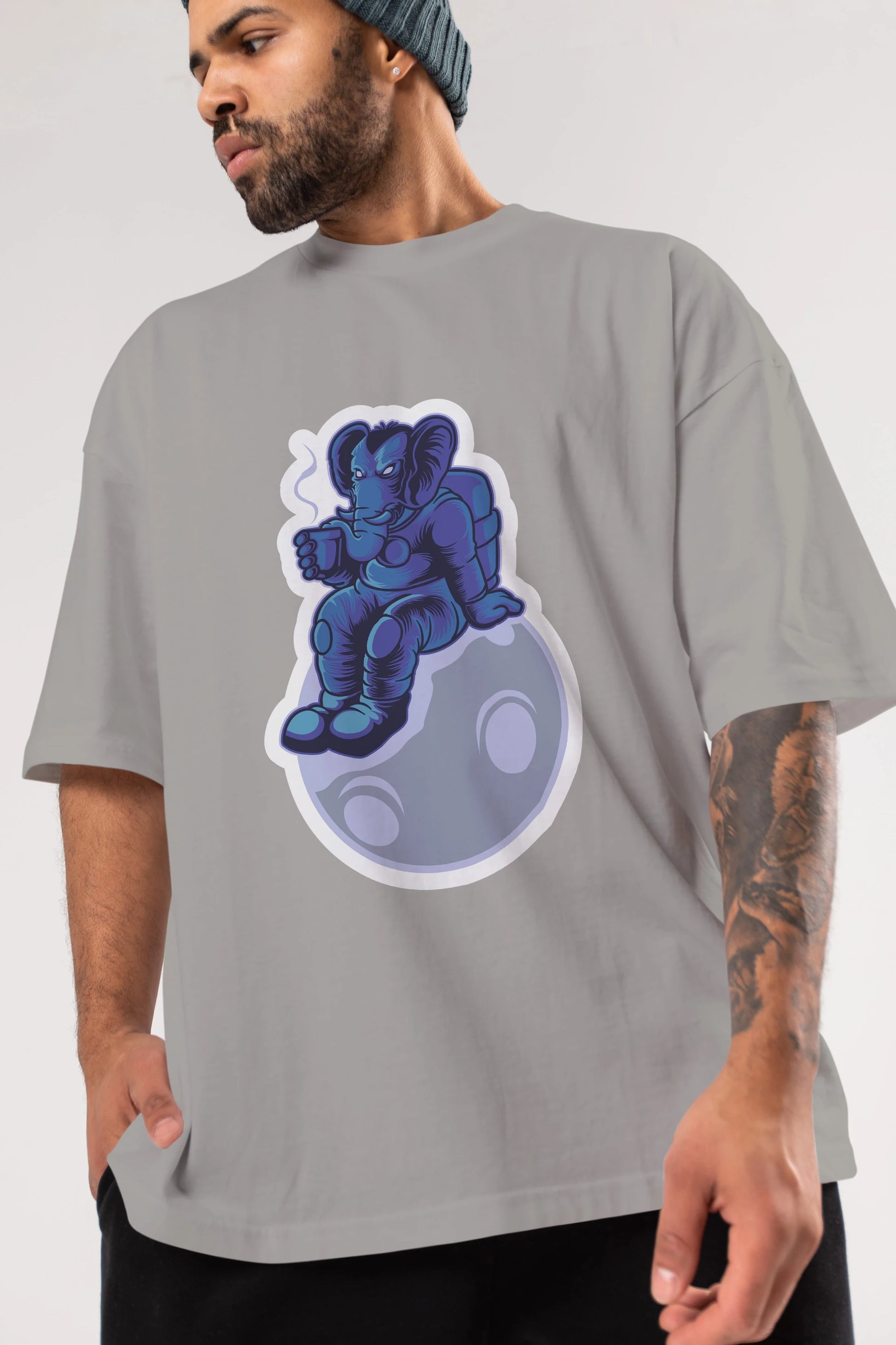Space Elephant Drink Coffee Sticker Ön Baskılı Oversize t-shirt Erkek Kadın Unisex