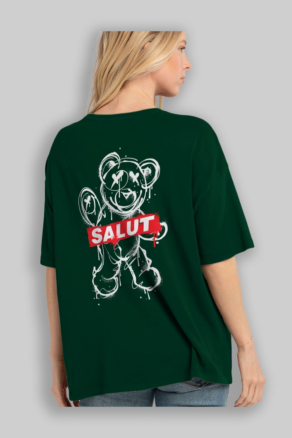 Teddy Bear Salut Arka Baskılı Oversize t-shirt Erkek Kadın Unisex