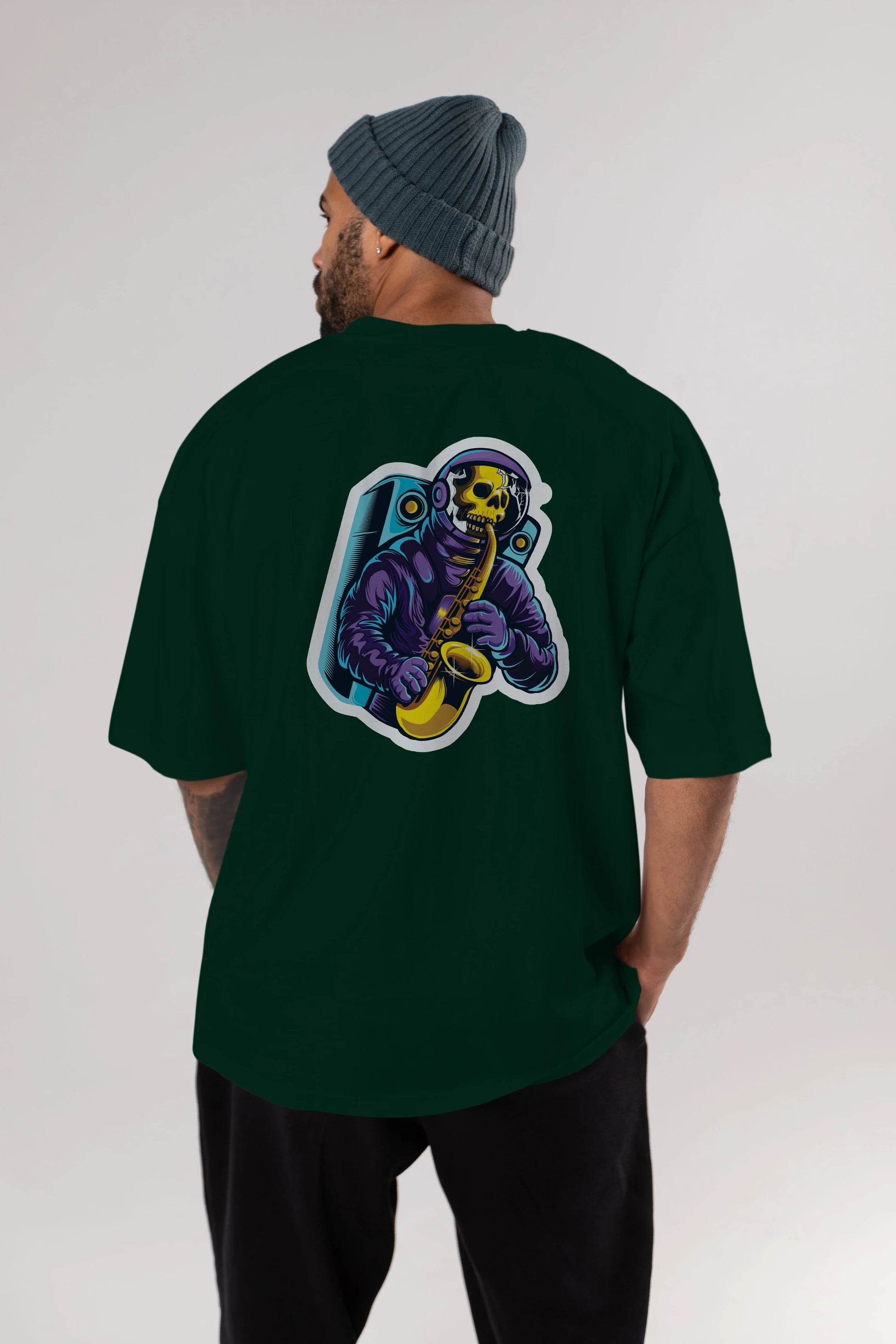 Astroskull Saxophonist Sticker Arka Baskılı Oversize t-shirt Erkek Kadın Unisex
