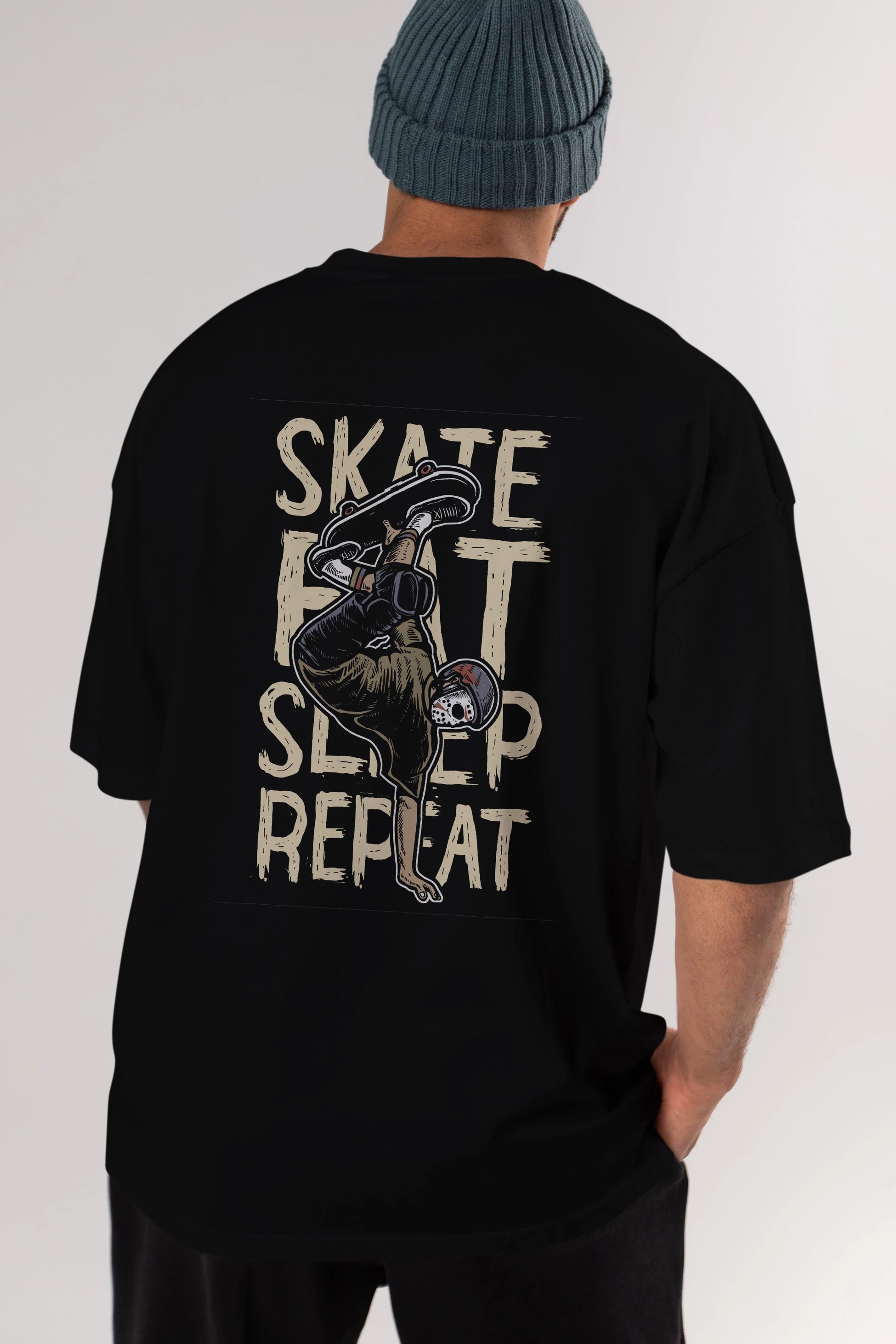 Skate Eat Sleep Repeat Arka Baskılı Oversize t-shirt Erkek Kadın Unisex %100 Pamuk