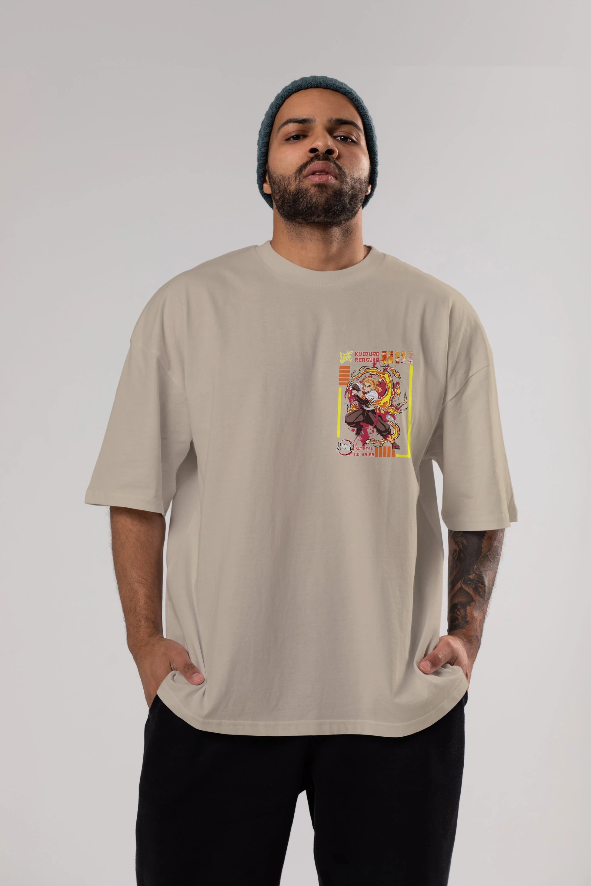 KYOJURO RENGOKU Ön Sol Baskılı Oversize t-shirt Erkek Kadın Unisex %100 Pamuk Bisiklet Yaka tişort