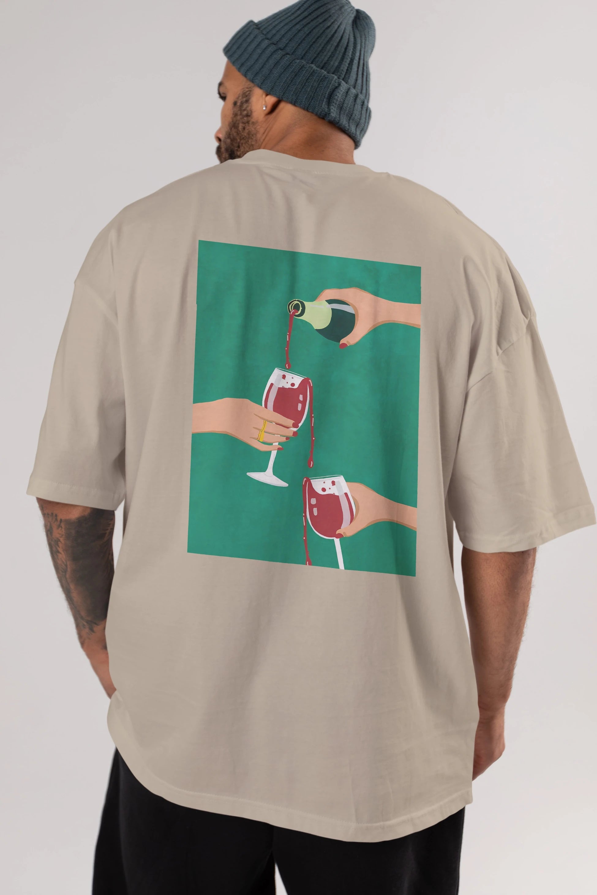 Wine 2 Arka Baskılı Oversize t-shirt Erkek Kadın Unisex %100 Pamuk Bisiklet Yaka tişort