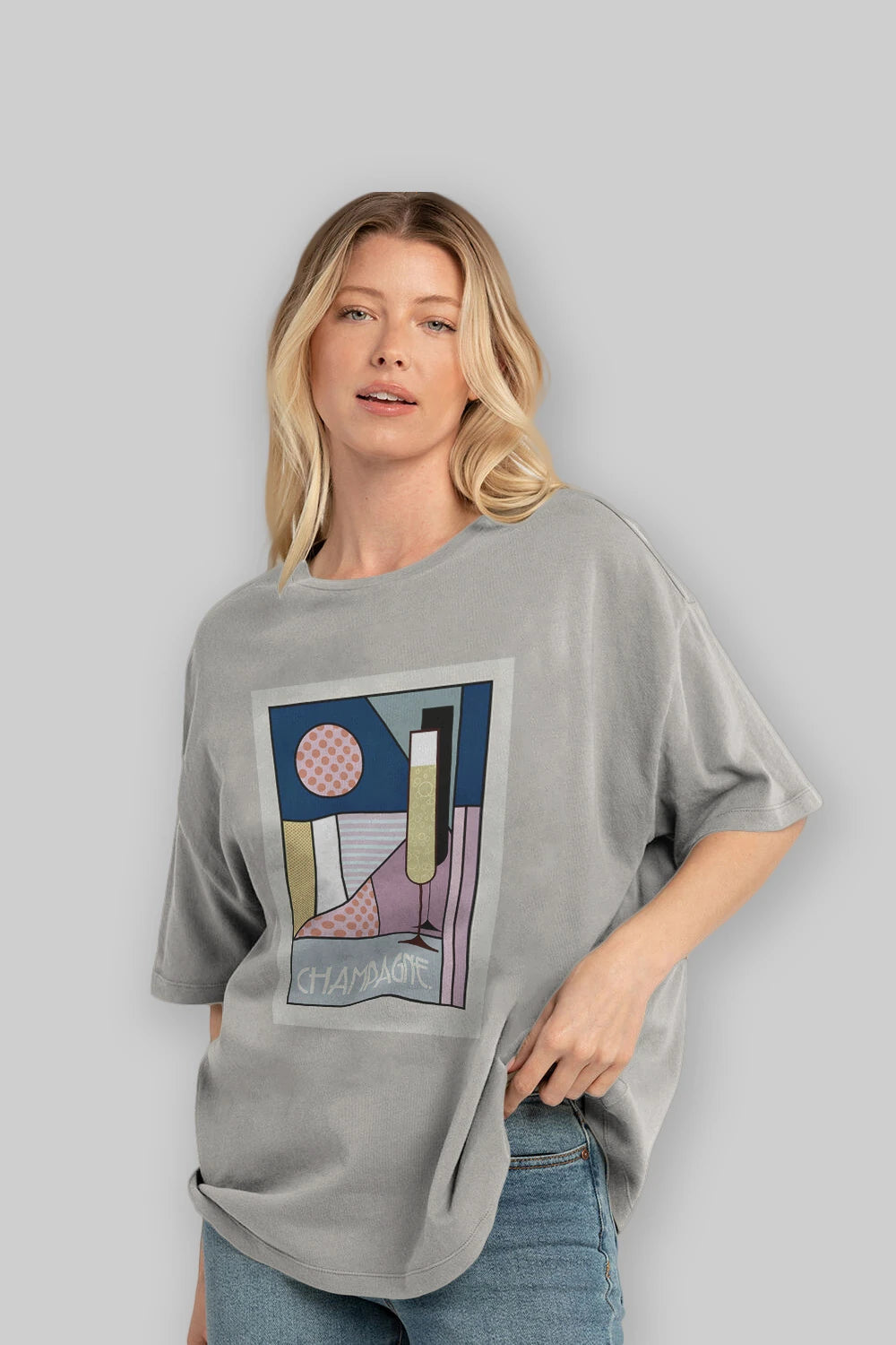 Champagne Ön Baskılı Oversize t-shirt Erkek Kadın Unisex %100 Pamuk Bisiklet Yaka tişort