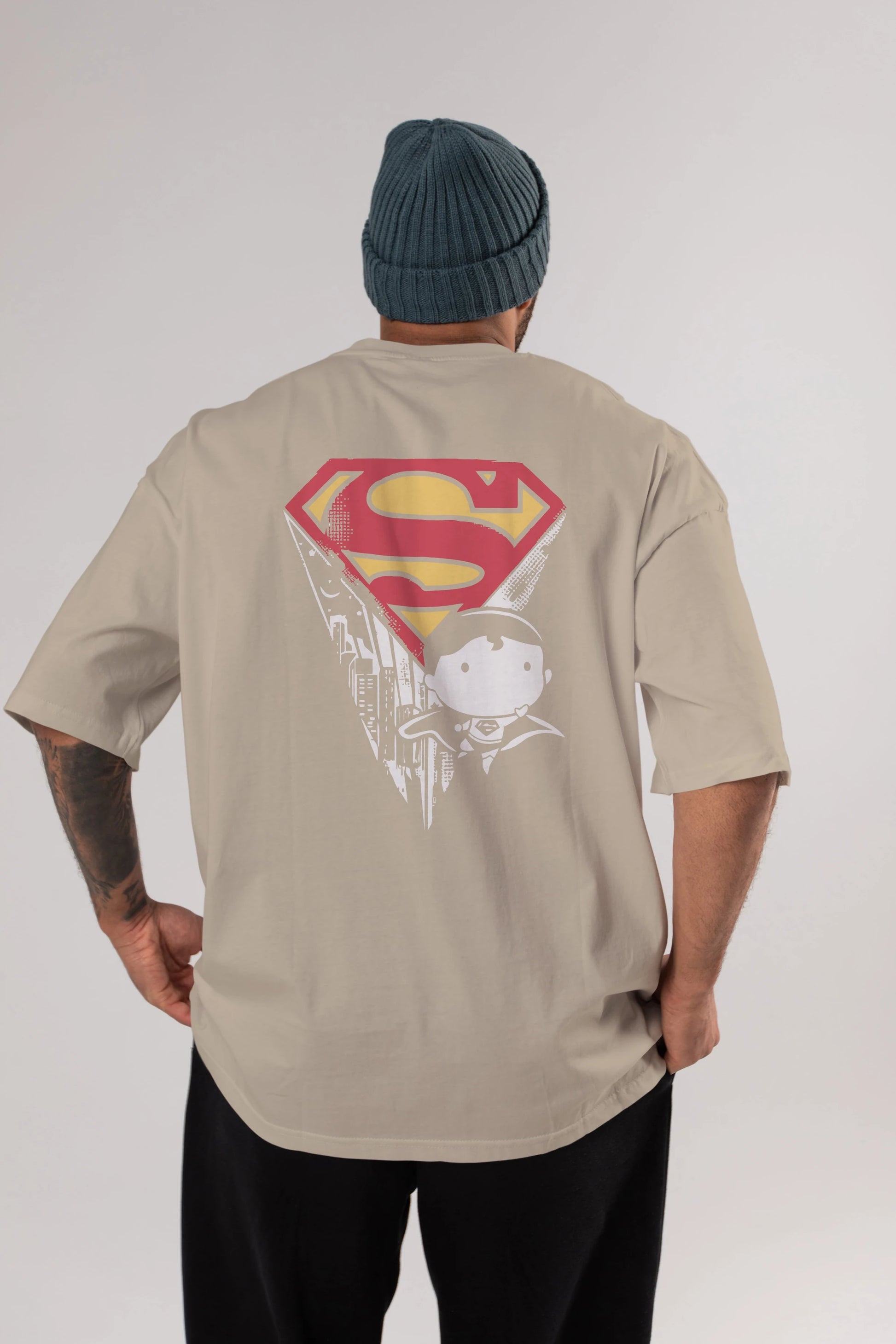 Superman Arka Baskılı Oversize t-shirt Erkek Kadın Unisex %100 Pamuk Bisiklet Yaka tişort
