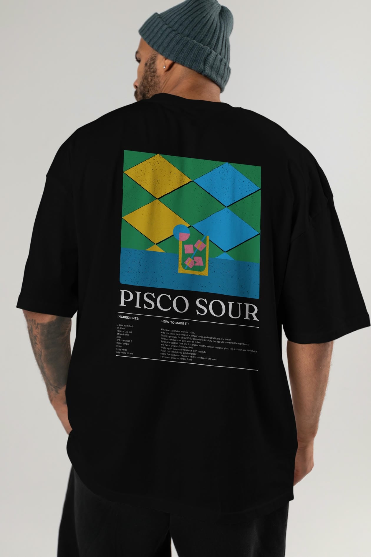 Pisco Sour Kokteyl Serisi Arka Baskılı Oversize t-shirt Erkek Kadın %100 Pamuk Bisiklet Yaka tişort