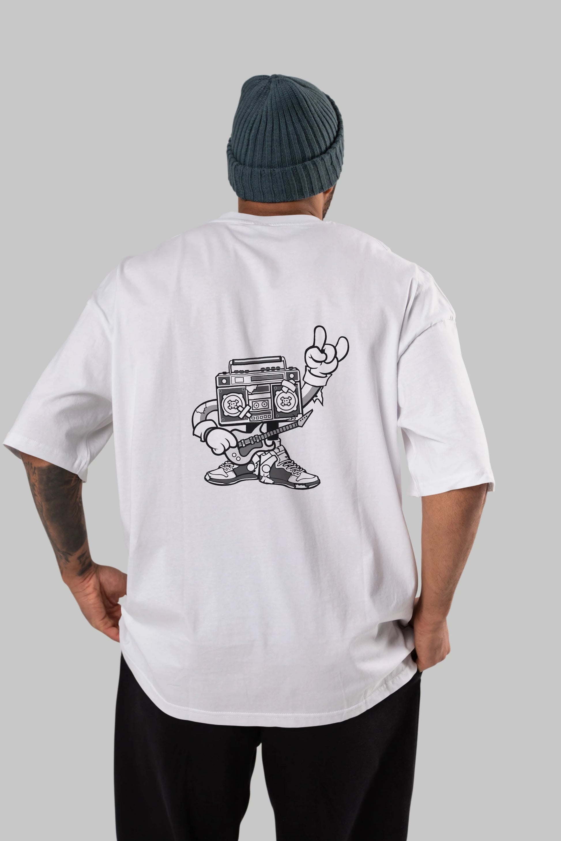 Boombox Rockstar Arka Baskılı Oversize t-shirt Erkek Kadın Unisex %100 Pamuk tişort