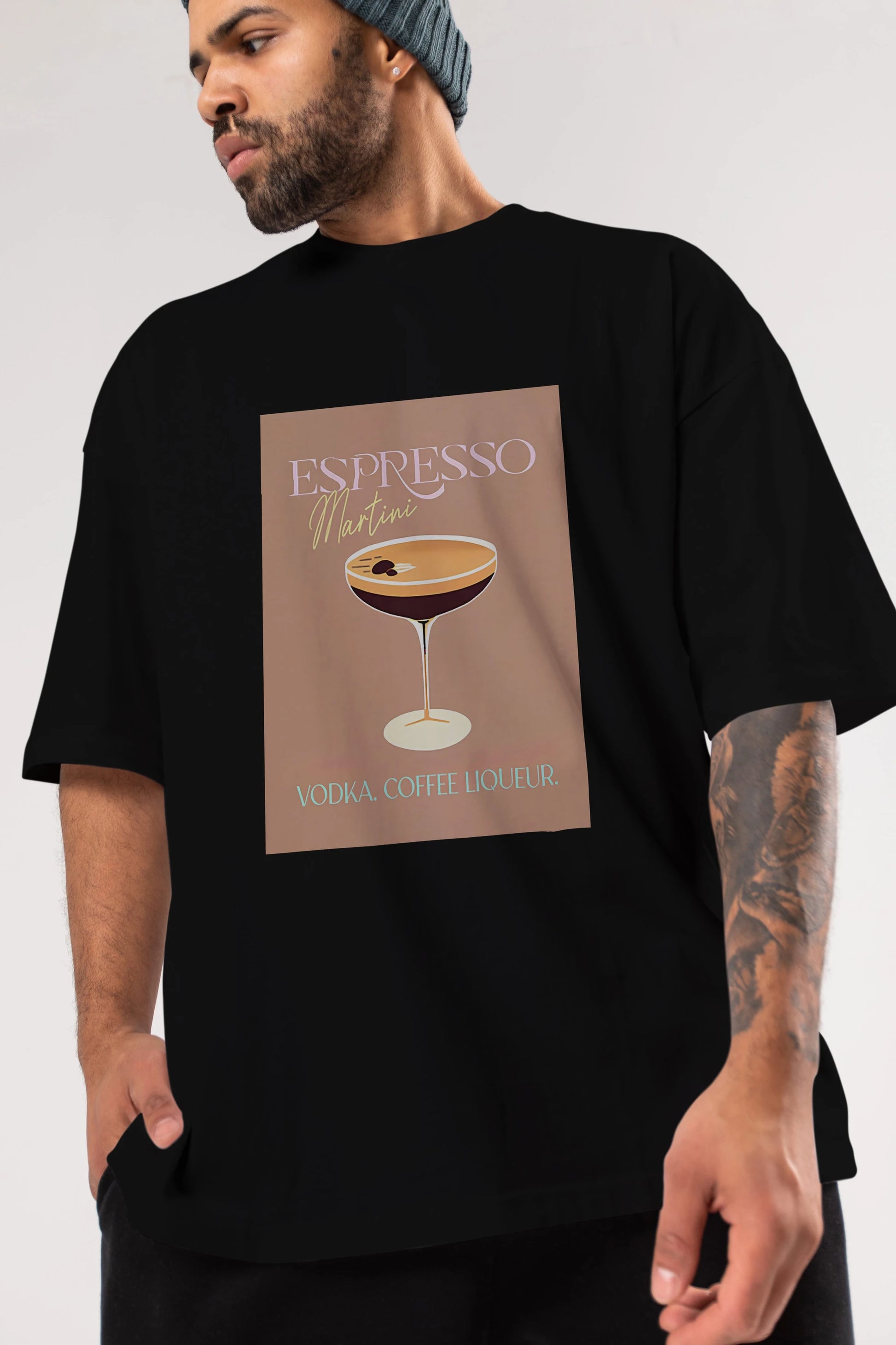 Espresso Martini Cocktail Ön Baskılı Oversize t-shirt Erkek Kadın Unisex %100 Pamuk Bisiklet Yaka tişort