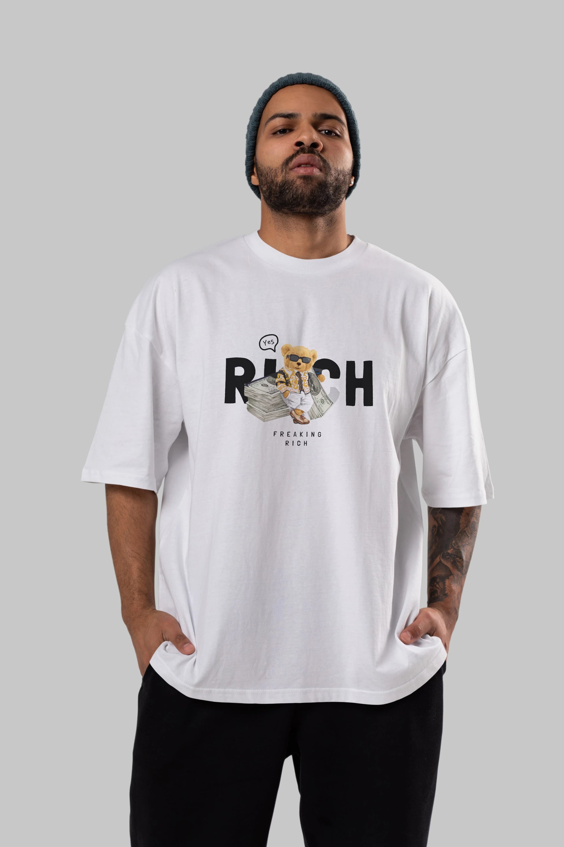 Teddy Bear Freakıng Rich Ön Baskılı Oversize t-shirt Erkek Kadın Unisex %100 Pamuk