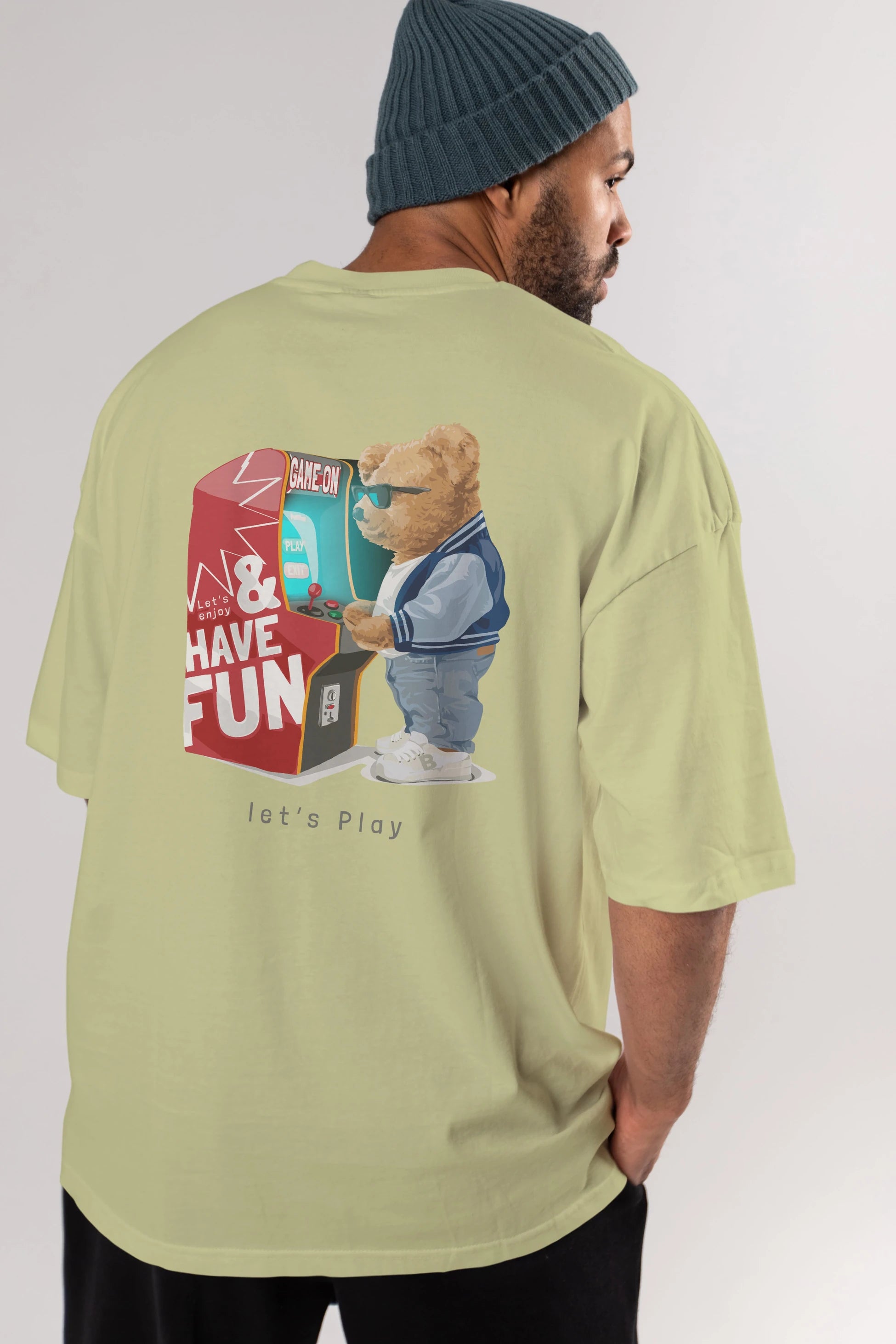 Teddy Bear Lets Play Arka Baskılı Oversize t-shirt Erkek Kadın Unisex %100 Pamuk