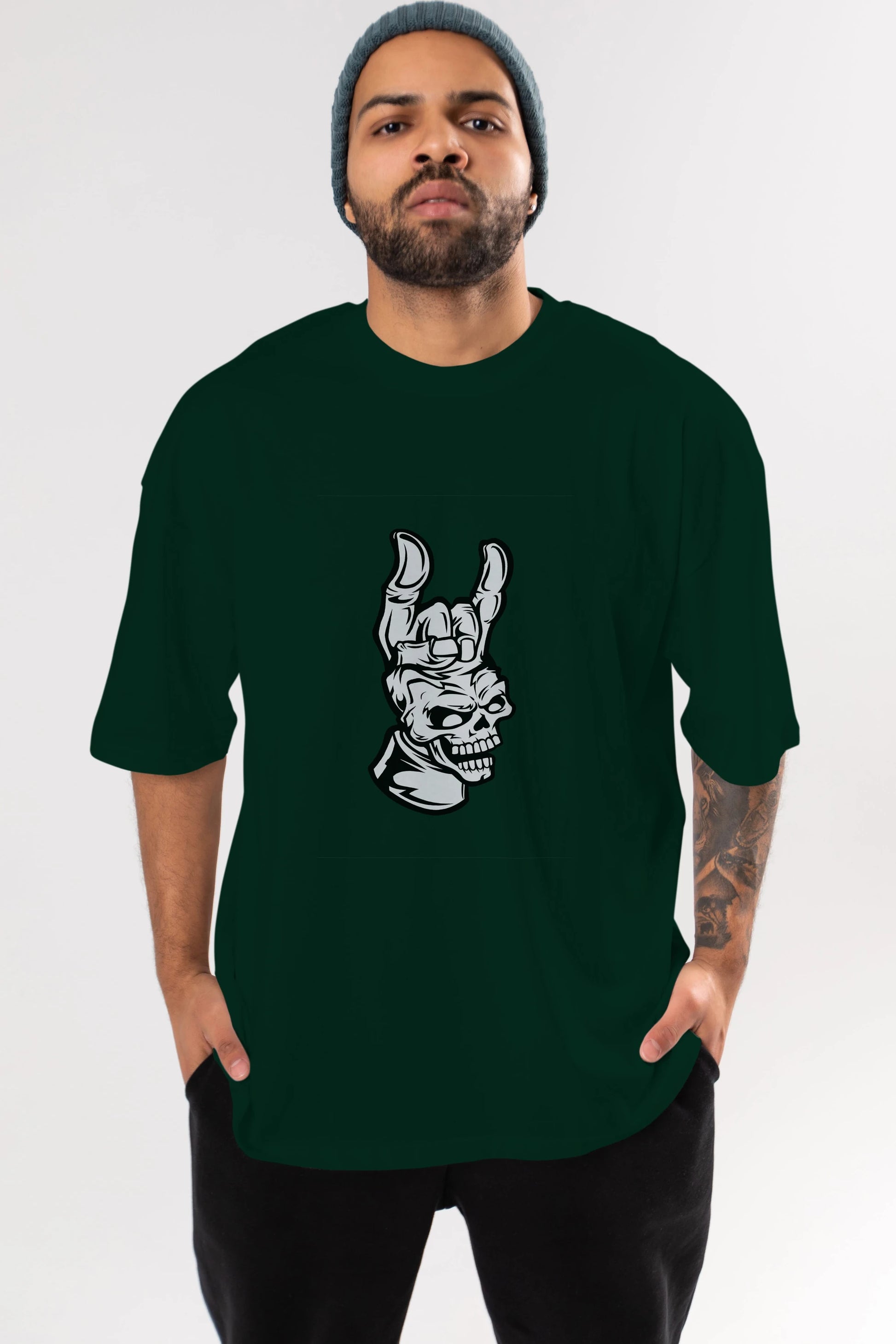 Hand Metal Skull Ön Baskılı Oversize t-shirt Erkek Kadın Unisex %100 Pamuk tişort