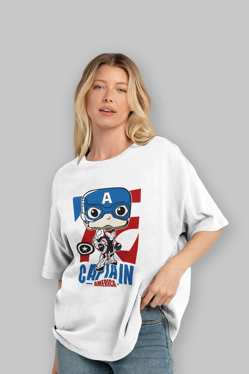 Captain America Ön Baskılı Oversize t-shirt Erkek Kadın Unisex %100 Pamuk Bisiklet Yaka tişort