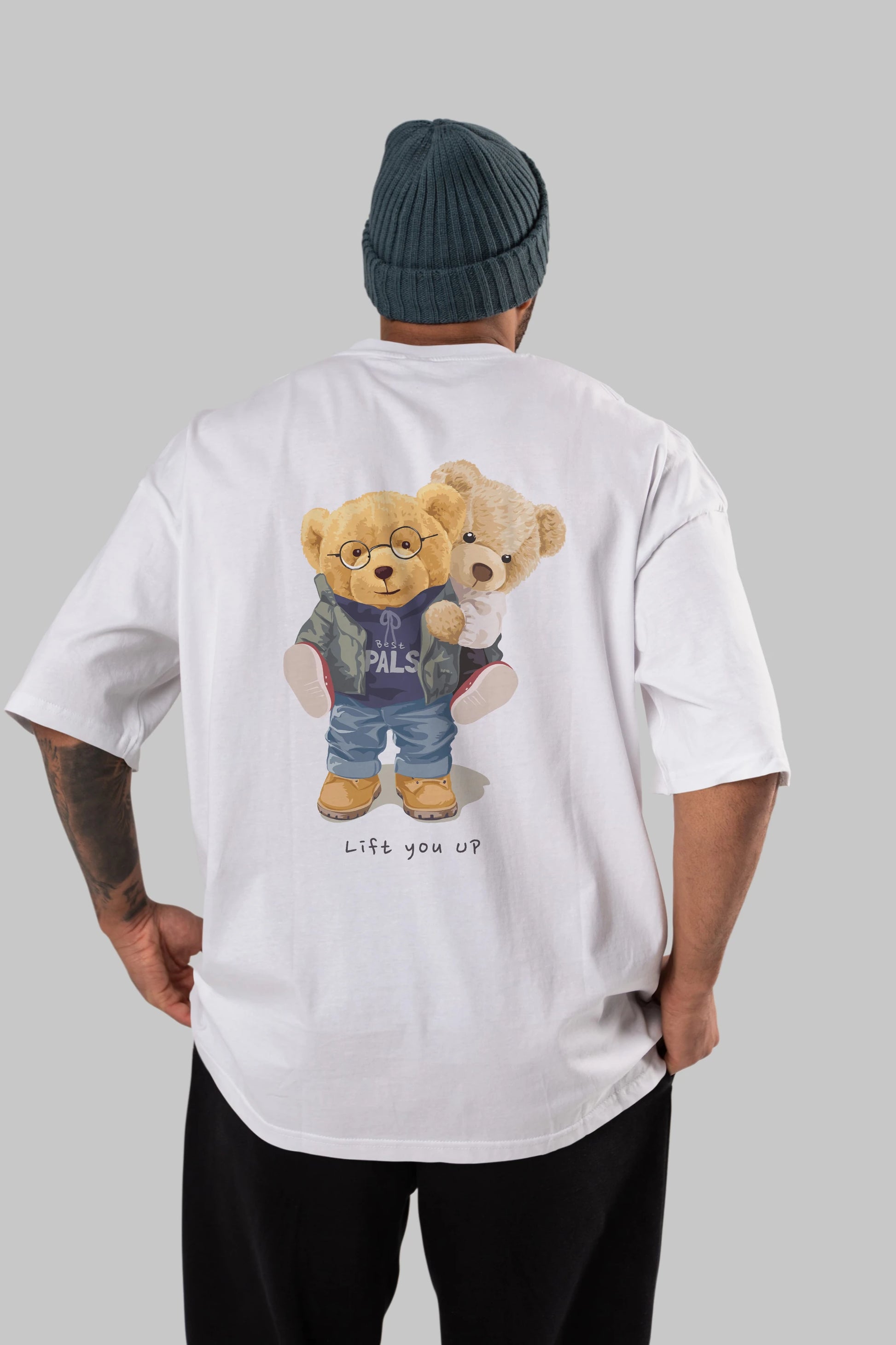 Teddy Bear Lift You Up Arka Baskılı Oversize t-shirt Erkek Kadın Unisex %100 Pamuk