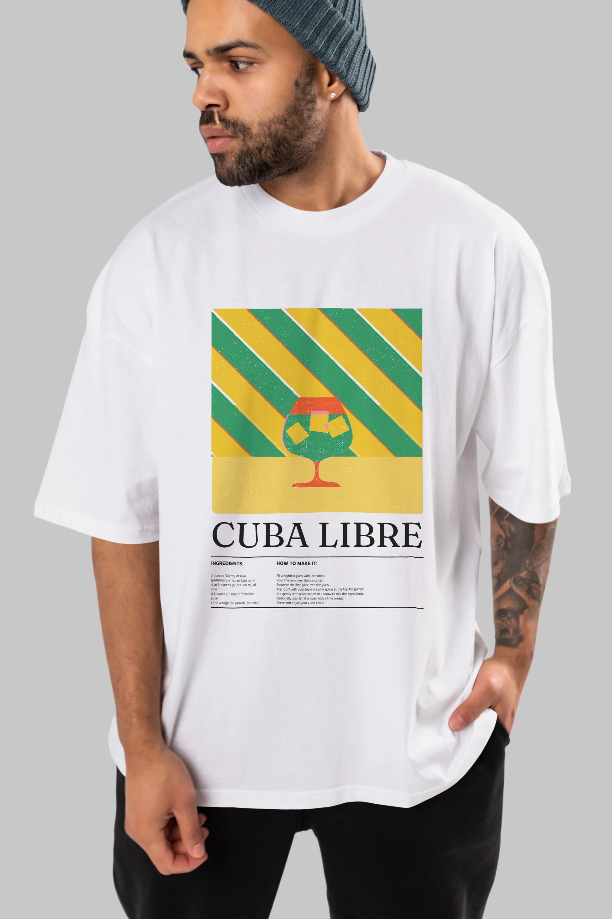 Cuba Libre Kokteyl Ön Baskılı Oversize t-shirt Erkek Kadın %100 Pamuk Bisiklet Yaka tişort