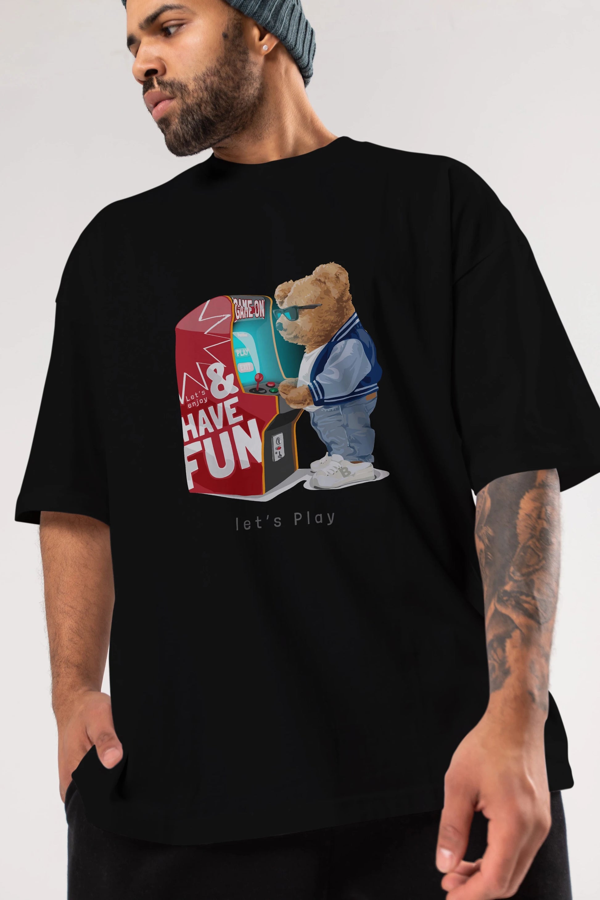 Teddy Bear Lets Play Ön Baskılı Oversize t-shirt Erkek Kadın Unisex %100 Pamuk