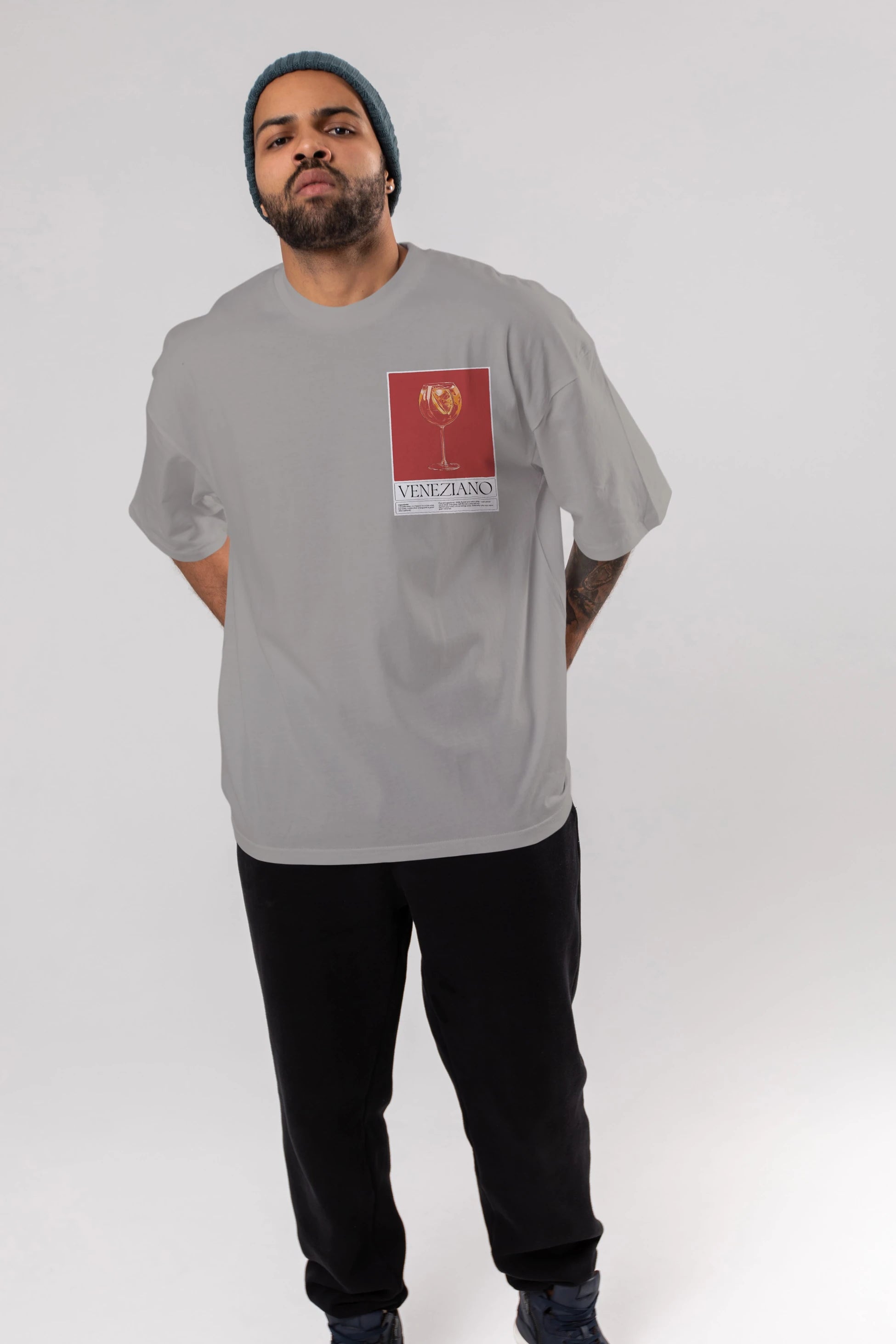 Veneziano Ön Sol Baskılı Oversize t-shirt Erkek Kadın Unisex %100 Pamuk Bisiklet Yaka tişort