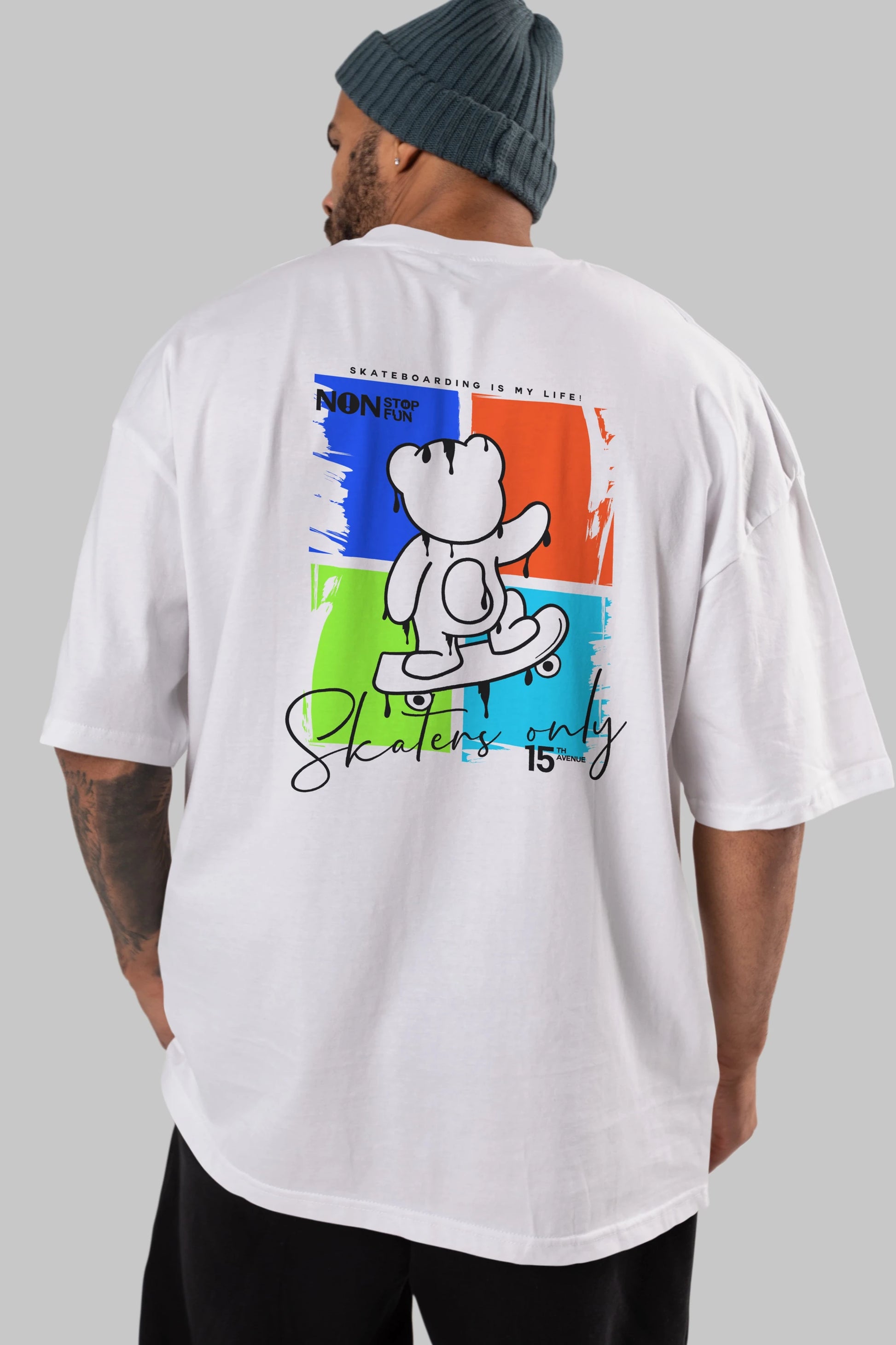 Skaters Only Bear Arka Baskılı Oversize t-shirt Erkek Kadın Unisex
