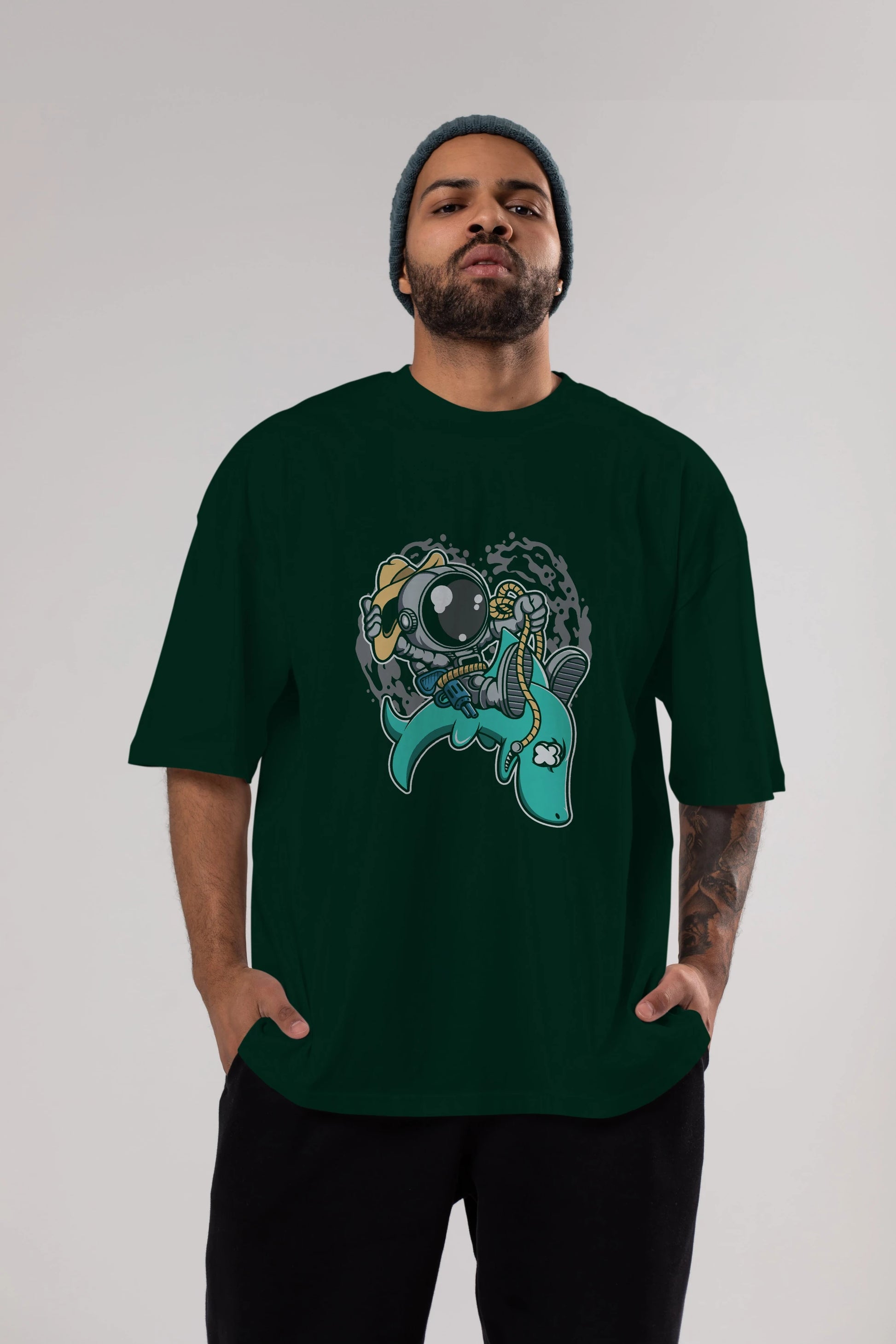Astronaut Riding Shark Ön Baskılı Oversize t-shirt Erkek Kadın Unisex
