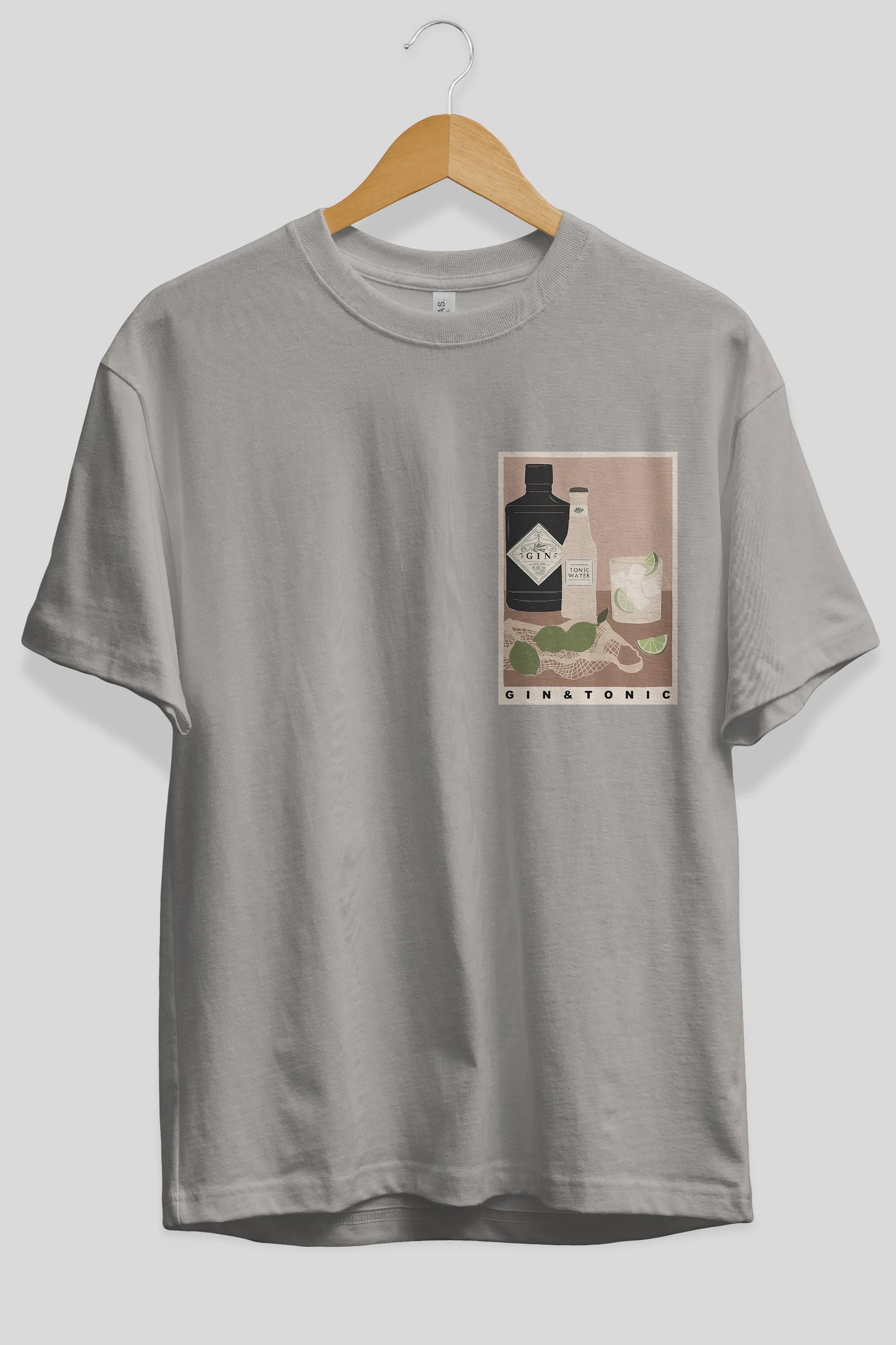 Gin Tonic Ön Sol Baskılı Oversize t-shirt Erkek Kadın Unisex %100 Pamuk Bisiklet Yaka tişort