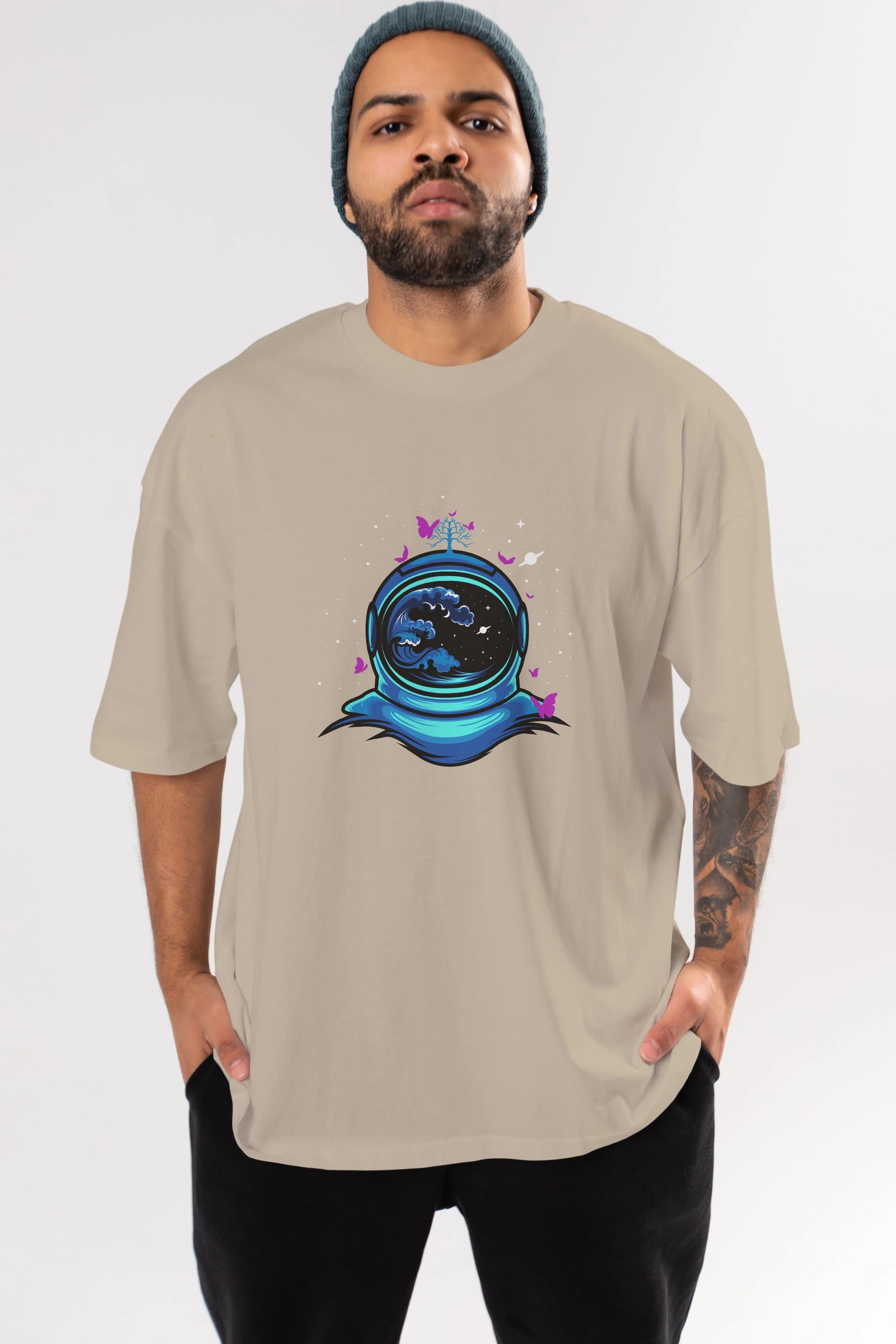 Astronaut and Butterfly Ön Baskılı Oversize t-shirt Erkek Kadın Unisex