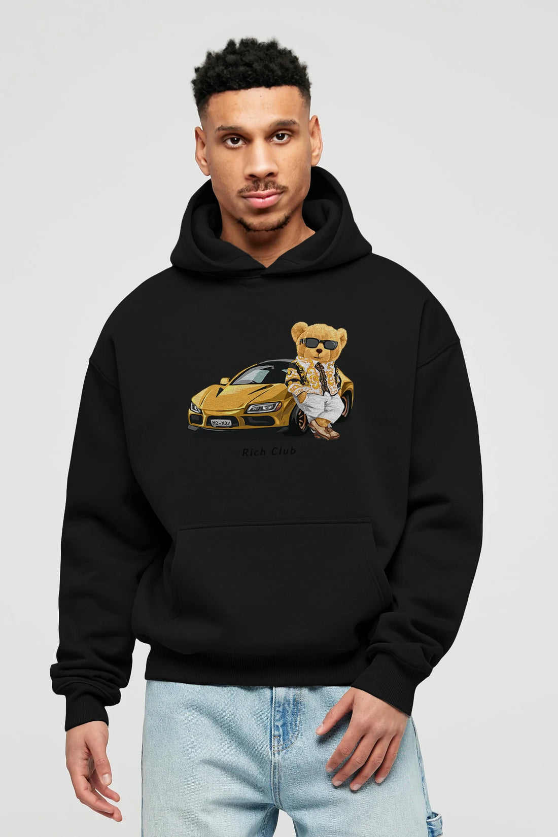 Teddy Bear Rich Club Ön Baskılı Hoodie Oversize Kapüşonlu Sweatshirt Erkek Kadın Unisex