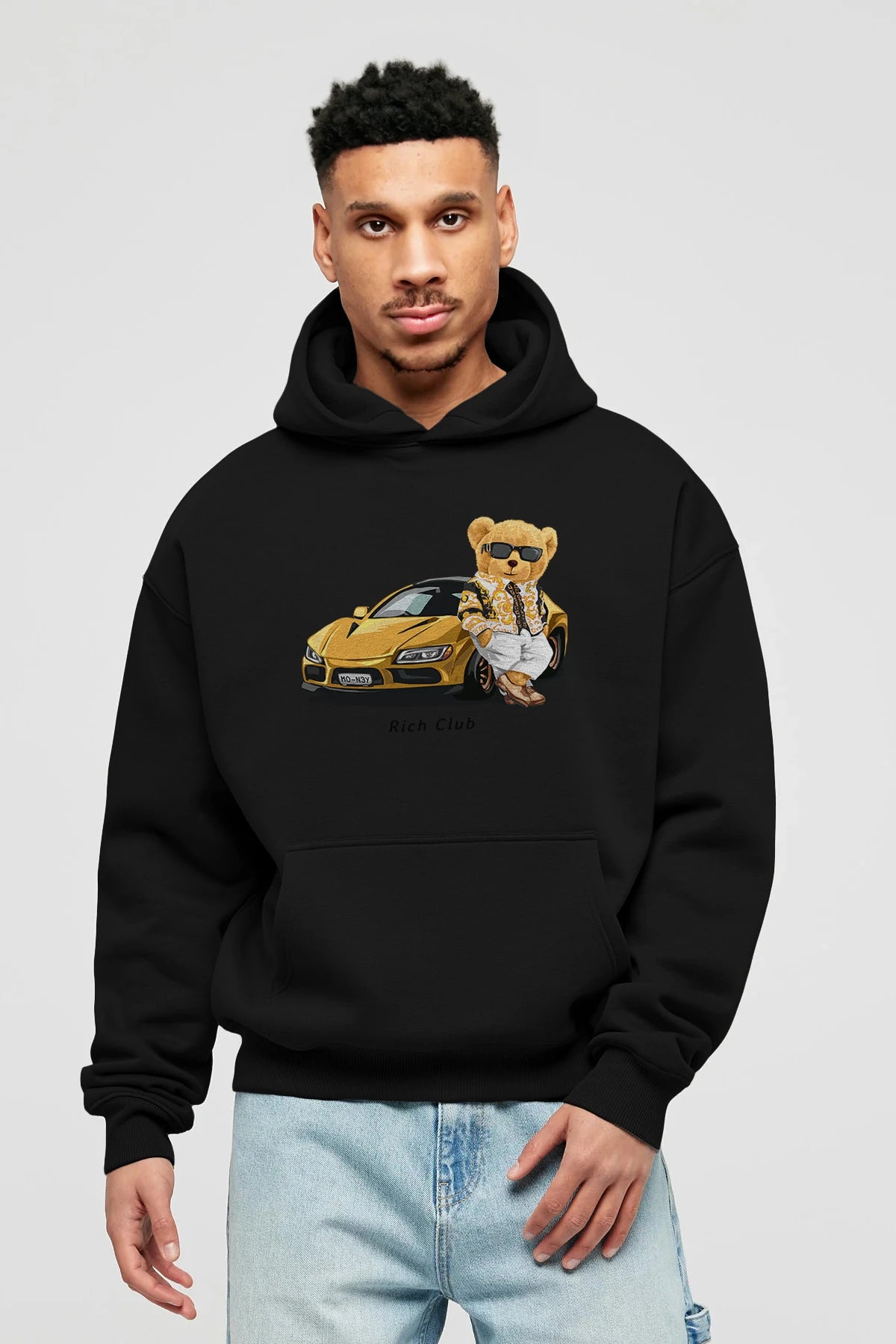Teddy Bear Rich Club Ön Baskılı Hoodie Oversize Kapüşonlu Sweatshirt Erkek Kadın Unisex