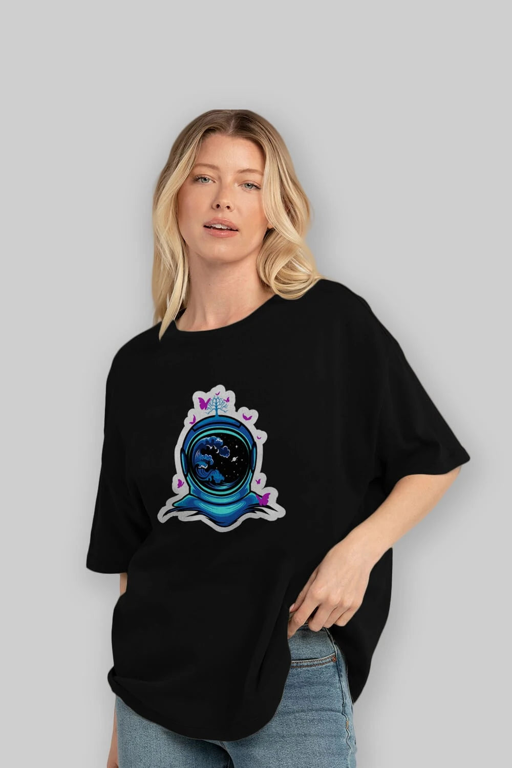 Astronaut and Butterfly Sticker Ön Baskılı Oversize t-shirt Erkek Kadın Unisex