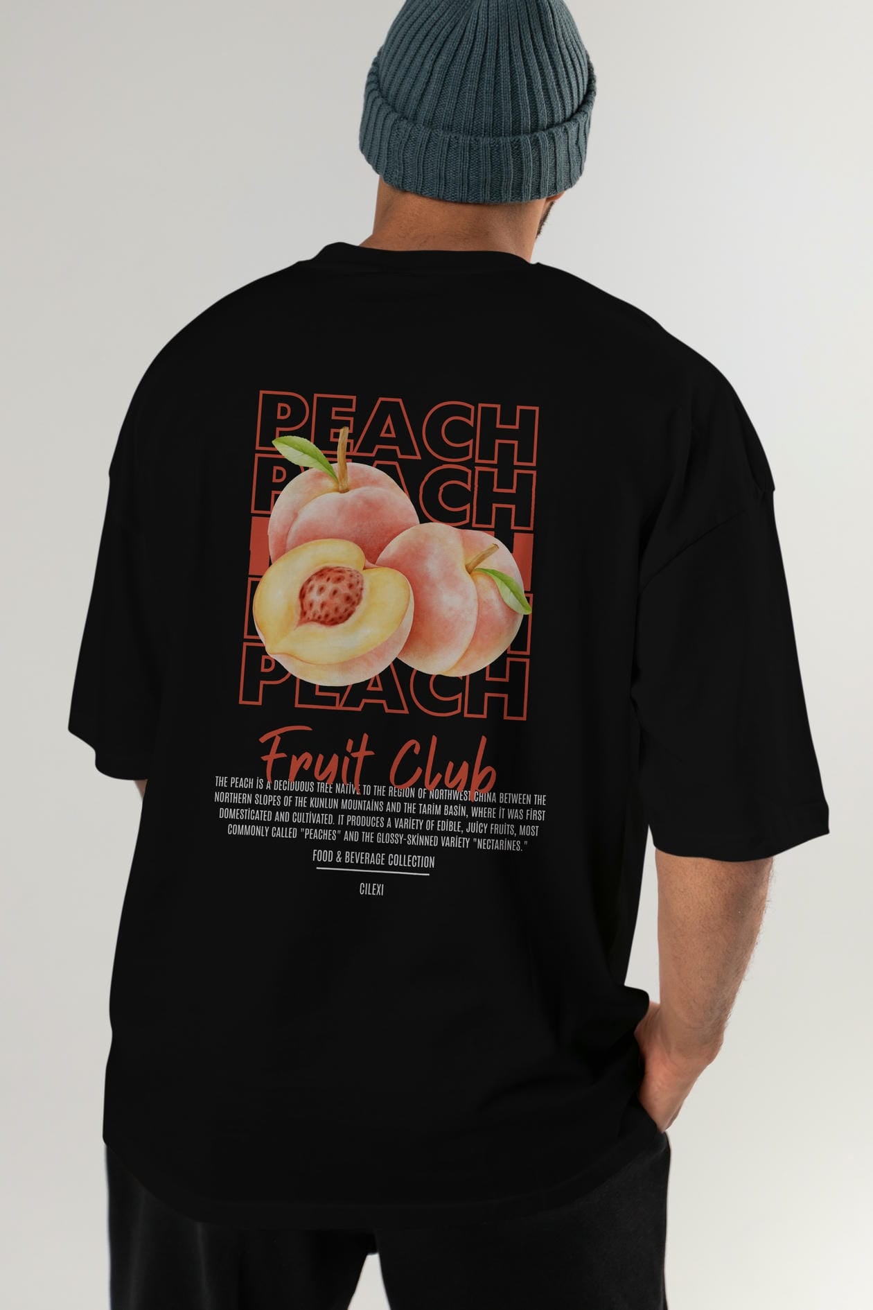 Peach Arka Baskılı Oversize t-shirt Erkek Kadın Pamuk Bisiklet Yaka tişort