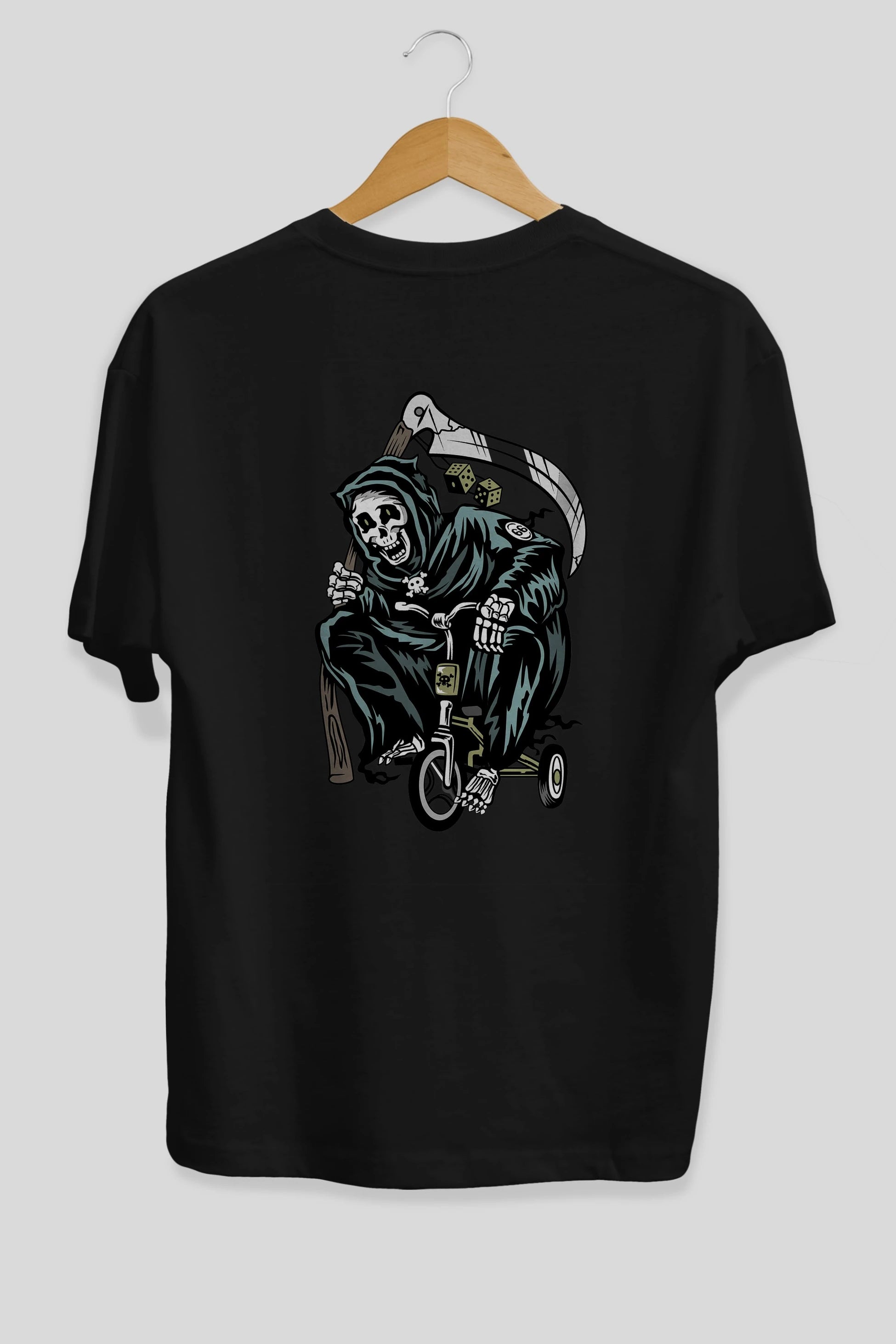Grim Reaper Bicycle Arka Baskılı Oversize t-shirt Erkek Kadın Unisex %100 Pamuk tişort