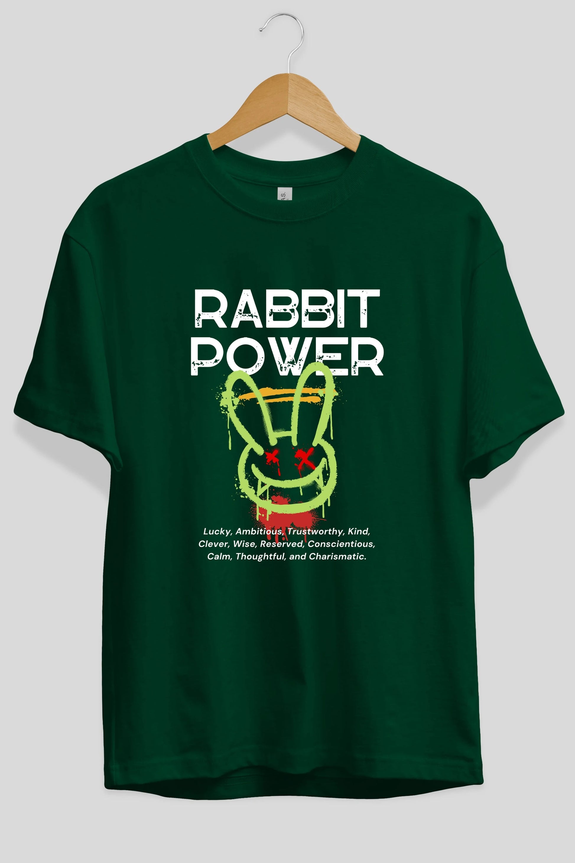 Rabbit Power Yazılı Ön Baskılı Oversize t-shirt Erkek Kadın Unisex