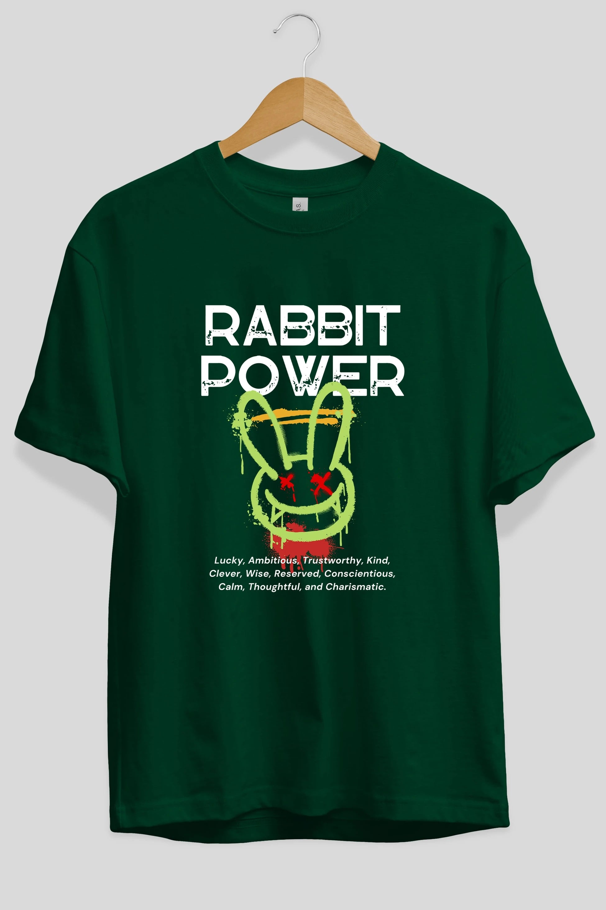 Rabbit Power Yazılı Ön Baskılı Oversize t-shirt Erkek Kadın Unisex