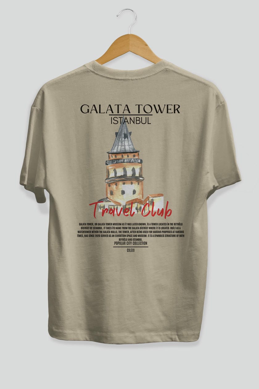 Galata Tower İstanbul Arka Baskılı Oversize t-shirt Erkek Kadın Pamuk Bisiklet Yaka tişort