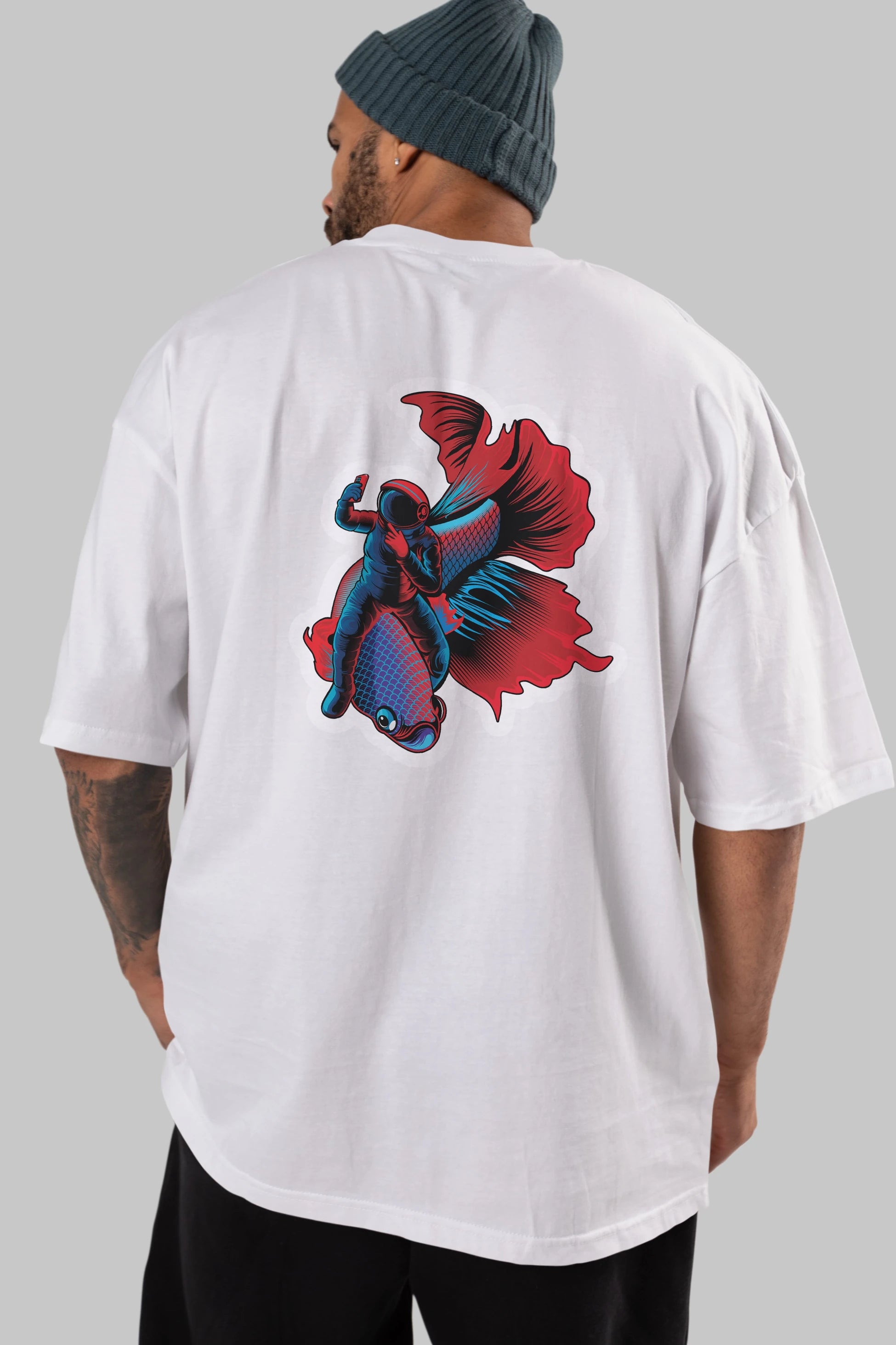 Astrofish selfie sticker Arka Baskılı Oversize t-shirt Erkek Kadın Unisex