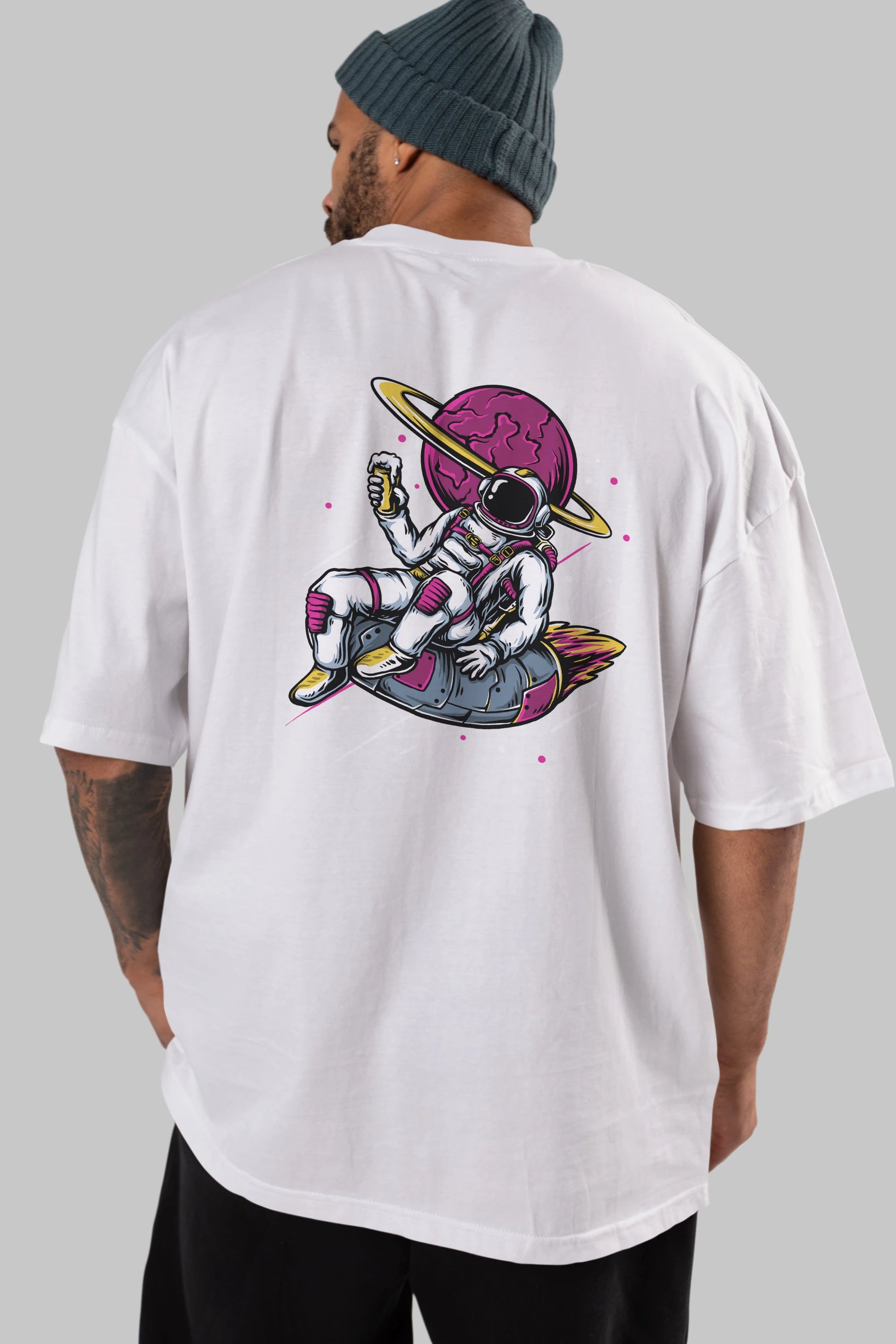 Astronaut Beer Arka Baskılı Oversize t-shirt Erkek Kadın Unisex