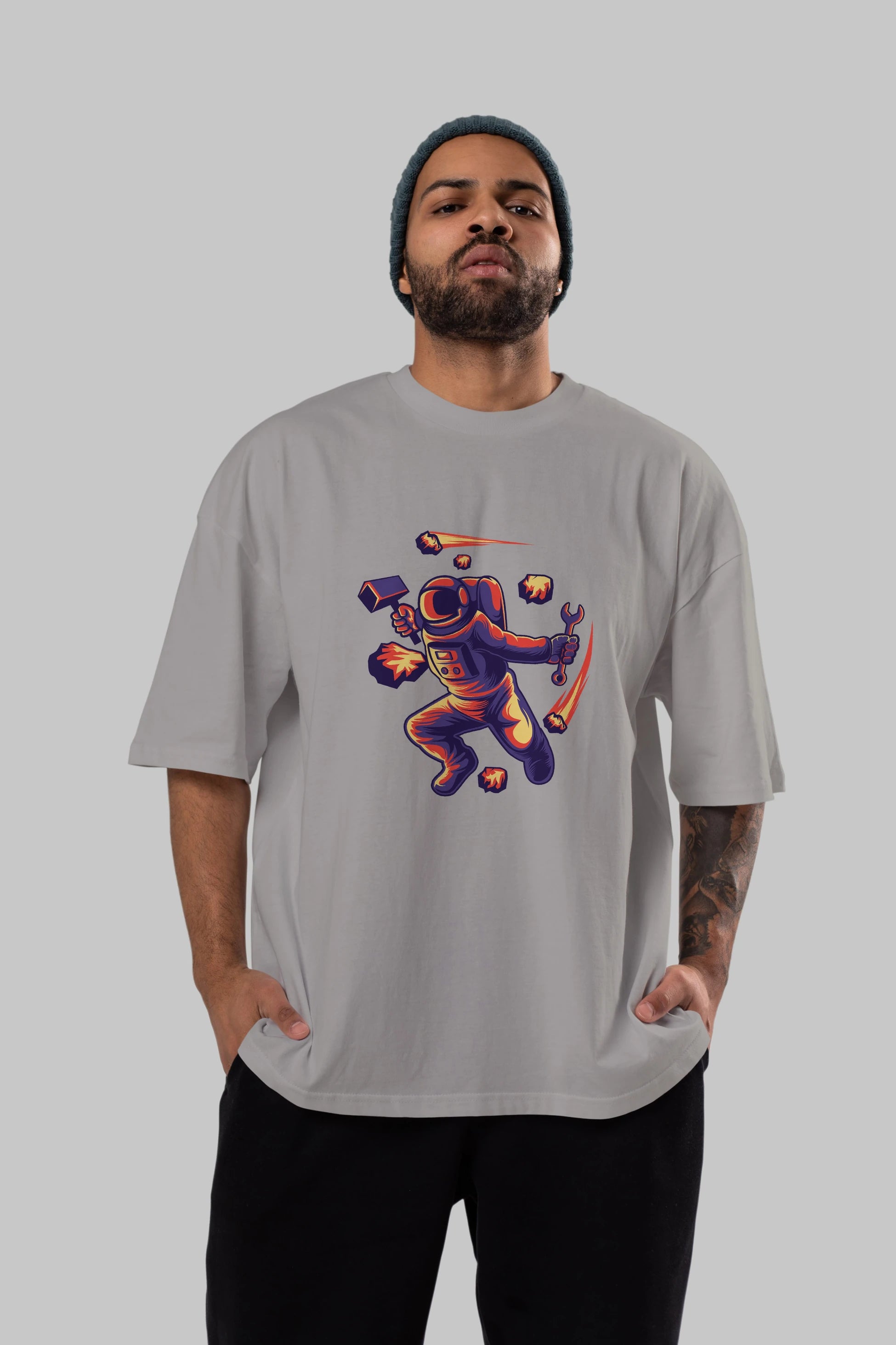 Astronaut Block Meteor Ön Baskılı Oversize t-shirt Erkek Kadın Unisex